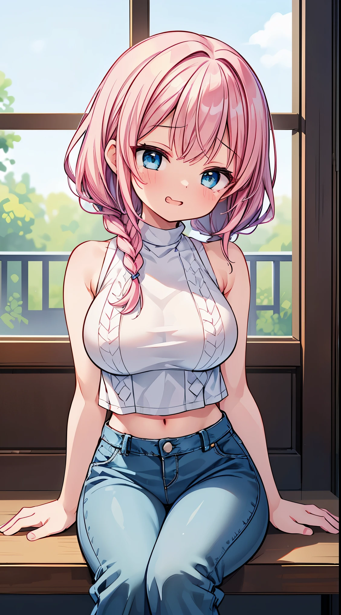 (masterpiece, top quality, best quality, official art, beautiful and aesthetic:1.2),ultra-detailed,intricate details,amazing illustration,award-winning art,atmospheric, 
BREAK one beautiful girl, (17 year old girl),alone,(cute系:1.5),(Chibi:0.6),(cute:1.5),(upon:0.5),break,(17 year old girl), one beautiful girl,very detailed,Colorful,best details,transparent skin,Shining beautiful skin,shy,very detailed,Colorful,best details,break,transparent skin,Shining beautiful skin,shy skin,break,(heterochromia,blue eyes,green eyes, eye highlights,first ultrafine star:1.45),star eye silhouette ,break,(pink hair, medium length:1.4),(twin braids,slightly curly hair,princess cut, crossed bangs:1.3),(big breasts,beautiful breasts,big breasts:1.5),(long eyelashes, double eyelid:1.2),alone,glowing skin, transparent skin, Shining beautiful skin,(highest quality face),(highest qualityの輝く目),(smug face,brave face:1.45) BREAK,

sitting, leaning back, arm support, knees together feet apart, from below, close-up pussy, dutch angle,embarrassed, (closed eyes:1.2), open mouth, sleepy, surprised, tears

BREAK 【プロンプト】

＜クオリティアップ系のプロンプト＞
＜キャラの容姿、背景などのプロンプト＞
BREAK (white theme:1.4), (white crochet knit crop top:1.4), (halter neck:1.3),  ((sleeveless, bare shoulders, bare arms):1.3), (white pumps with heels:1.1),
BREAK (denim palazzo pants:1.3), (ankle:1.3), 

BREAL hallway, floor, window, shiny hair, portrait, panorama shot, cinematic angle, BREAK,wakame,wakame,wakame,(Cowboy Shot:1.4),

BREAK,(Blurry background:1.3),(absurderes, hight resolution, Super Detail Art),cel shading,Clear Color, Lonely optical effect, Beautiful pictures, Bright glow, mystic atmosphere,(Close-up of girl:1.1), Mystical light particle effect,manga influence, clean line drawings,