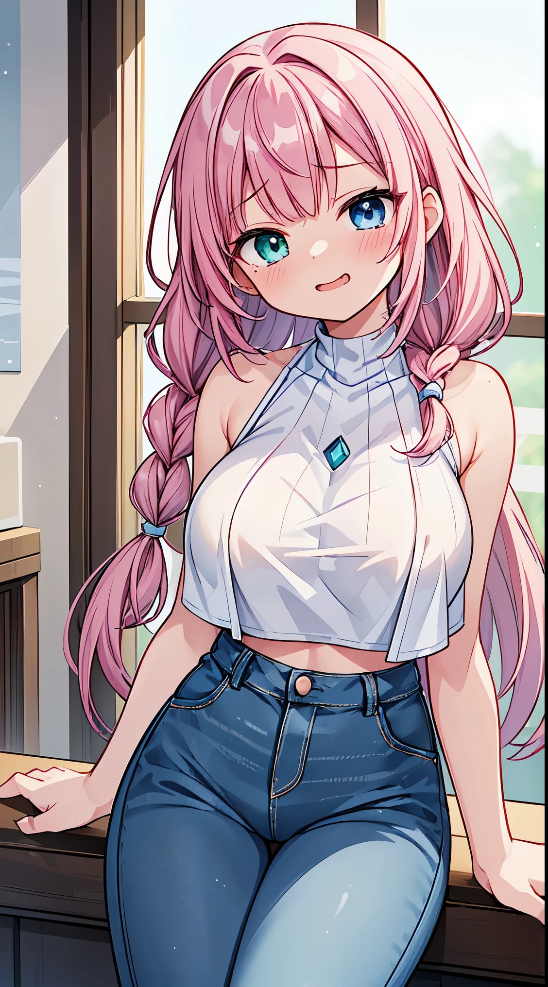 (masterpiece, top quality, best quality, official art, beautiful and aesthetic:1.2),ultra-detailed,intricate details,amazing illustration,award-winning art,atmospheric,
BREAK one beautiful girl, ( girl),alone,(cute系:1.5),(Chibi:0.6),(cute:1.5),(upon:0.5),break,(17 year old beautiful girl,very detailed,Colorful,best details,transparent skin,Shining beautiful skin,shy,very detailed,Colorful,best details,break,transparent skin,Shining beautiful skin,shy skin,break,(heterochromia,blue eyes,green eyes, eye highlights,first ultrafine star:1.45),star eye silhouette ,break,(pink hair, medium length:1.4),(twin braids,slightly curly hair,princess cut, crossed bangs:1.3),(big breasts,beautiful breasts,big breasts:1.5),(long eyelashes, double eyelid:1.2),alone,glowing skin, transparent skin, Shining beautiful skin,(highest quality face),(highest qualityの輝く目),(smug face,brave face:1.45) BREAK,
sitting, leaning back, arm support, knees together feet apart, from below, close-up pussy, dutch angle,embarrassed, (closed eyes:1.2), open mouth, sleepy, surprised, tears
BREAK 【プロンプト】
<クオリティアップ系のプロンプト>
<キャラの容姿、背景などのプロンプト>
BREAK (white theme:1.4), (white crochet knit crop top:1.4), (halter neck:1.3), ((sleeveless, bare shoulders, bare arms):1.3), (white pumps with heels:1.1),
BREAK (denim palazzo pants:1.3), (ankle:1.3),
BREAL hallway, floor, window, shiny hair, portrait, panorama shot, cinematic angle, BREAK,wakame,wakame,wakame,(Cowboy Shot:1.4),
BREAK,(Blurry background:1.3),(absurderes, hight resolution, Super Detail Art),cel shading,Clear Color, Lonely optical effect, Beautiful pictures, Bright glow, mystic atmosphere,(Close-up of girl:1.1), Mystical light particle effect,manga influence, clean line drawings,