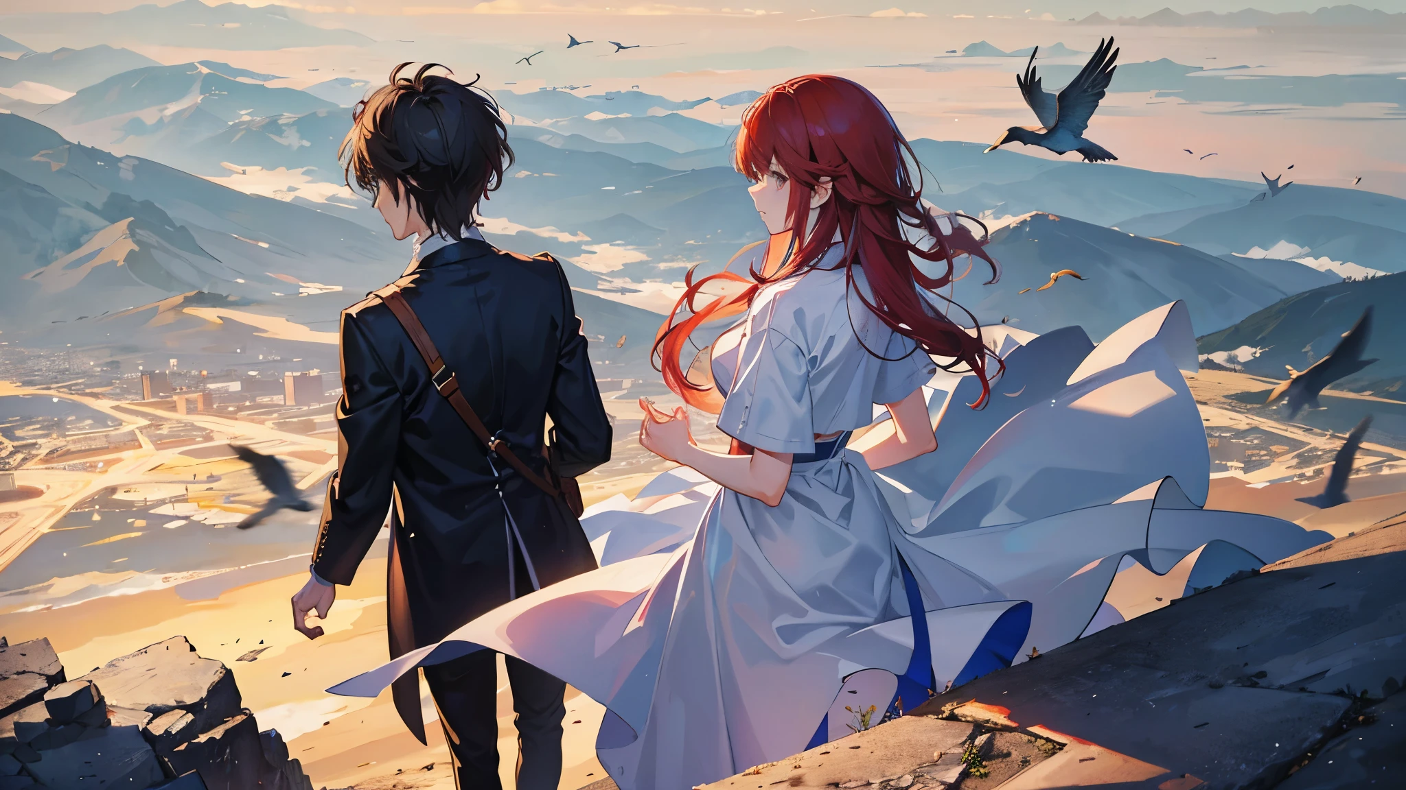 Makise Kurisu and Okabe Rintarou standing on a hill, gazing at the sky, the image is taken from above (bird's eye view), beautiful, detailed, 4K.