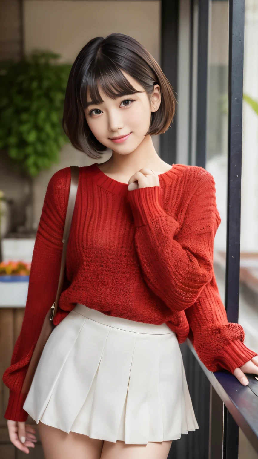 Best-quality, Masterpiece, Ultra-High-Resolution, (Photorealistic:1.4), Raw-Photo, (((photo colored in bright primary colors))), 1girl, 18-years-old, the most famous Japanese idol, at flower-shop, wearing white-loose-sweater and red-pleated-miniskirt, extremely cute face like a most popular Japanese idol, extremely beautiful big-black-eyes, extremely beautiful black-short-cut-haired, extremely beautiful skins, extremely beautiful thighs, detailed flower-shop, detailed lots-of-flowers, detailed white-loose-sweater, detailed red-pleated-miniskirt, looking at viewer, innocent smile, dynamic-pose