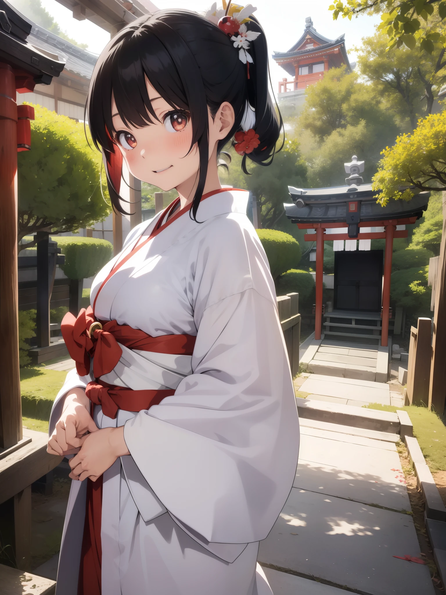 1 girl、laughter、Japanese shrines、Japanese、Japanese shrine maiden costume、The jacket is a white kimono、Vermilion Hakama、(small breasts)