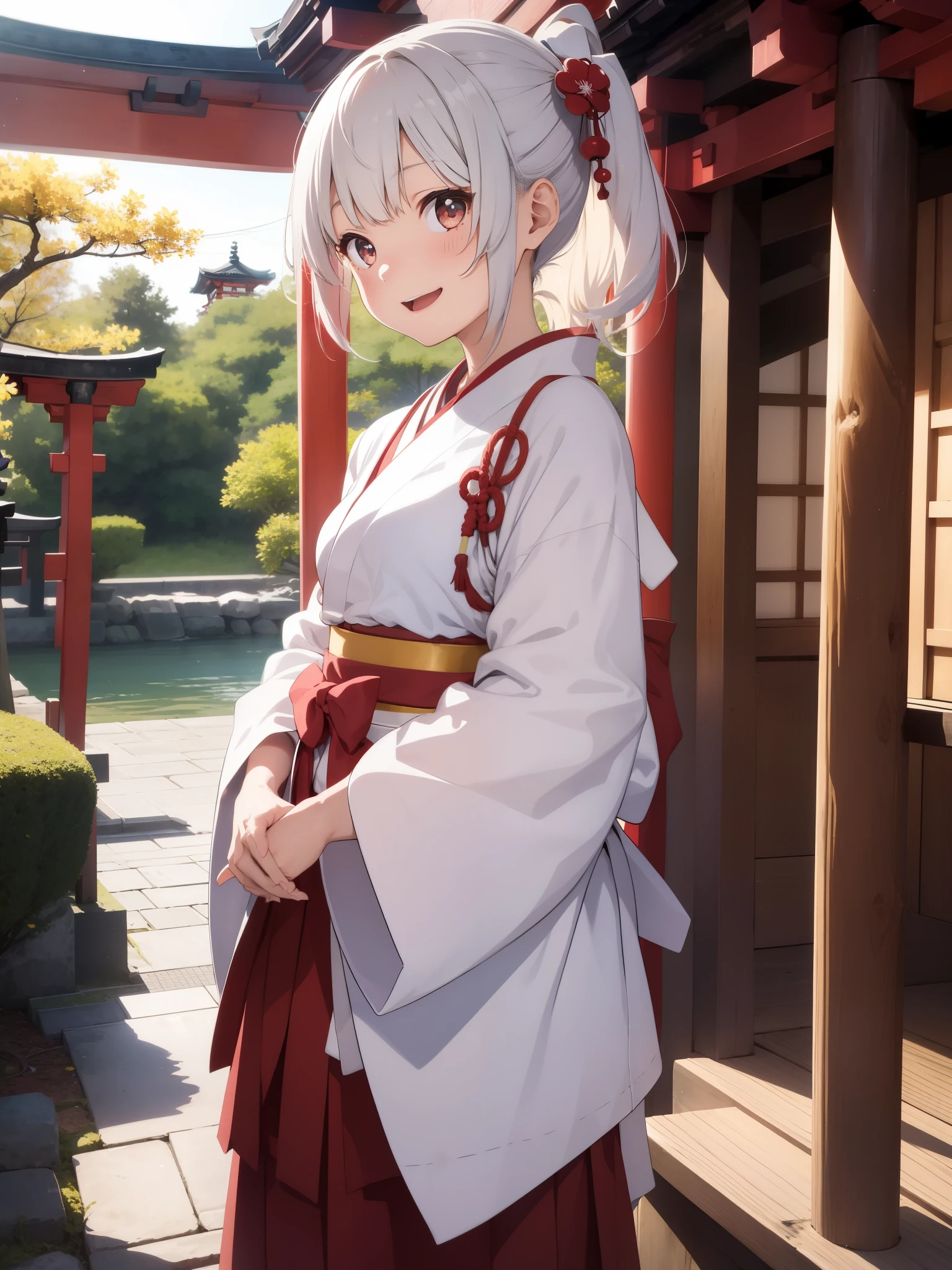 1 girl、laughter、Japanese shrines、Japanese、Japanese shrine maiden costume、The jacket is a white kimono、Vermilion Hakama、(small breasts)