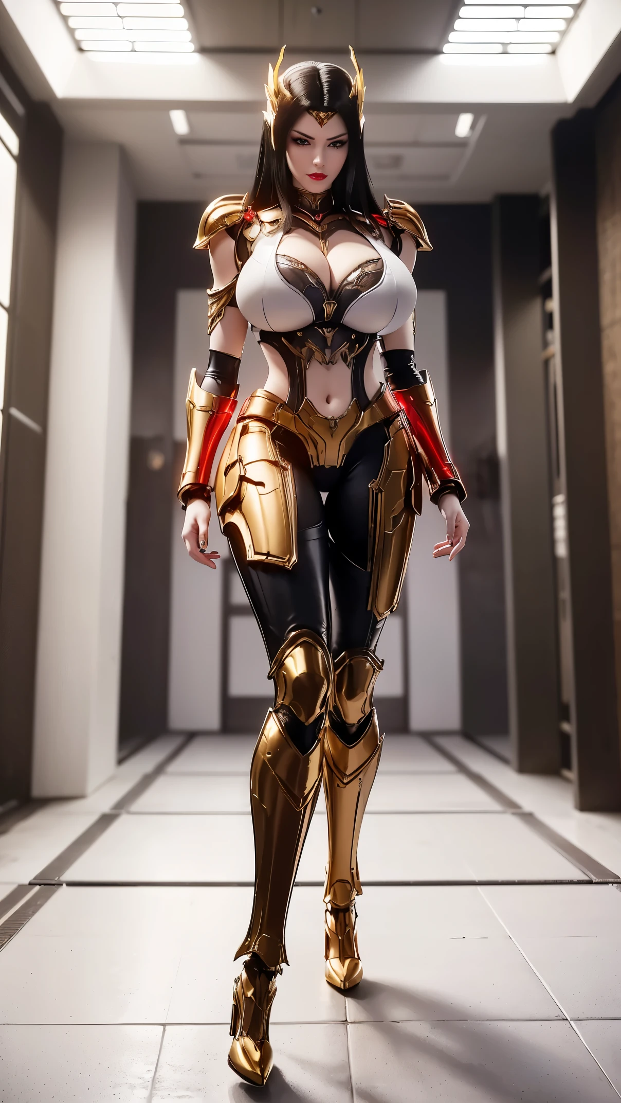 A beauty girl with black hair, (REALISTIC:1.2), (PHOENIX GOLD HELM:1.1), (SLIM BODY SHAPE,HUGE FAKE BREAST:1.5), (CLEAVAGE:1.5), (MUSCLE ABS:1.3), (MECHA GUARD ARMS:1.1), (RED SHINY FUTURISTIC MECHA BREASTPLATE, BLACK MECHA SKINTIGHT SUIT PANTS, MECHA GUARD ARMOR LEGS, HIGH HEELS:1.5), (WET SWEATY SKIN,SEXY LONG LEGS:1.1), (LOOKING AT VIEWER:1.3), (female focus:0.9), (WALKING HALLWAY OF FUTURISTIC SPACE STATION:1), (BRIGHT LIGHT WHITE_ROOM:1.3), HYPER TEXTURE, 4X MSAA, UNREAL ENGINE RENDER, PHYSICALLY-BASED RENDERING, ULTRA HIGHT DEFINITION, 16K, 1080P.