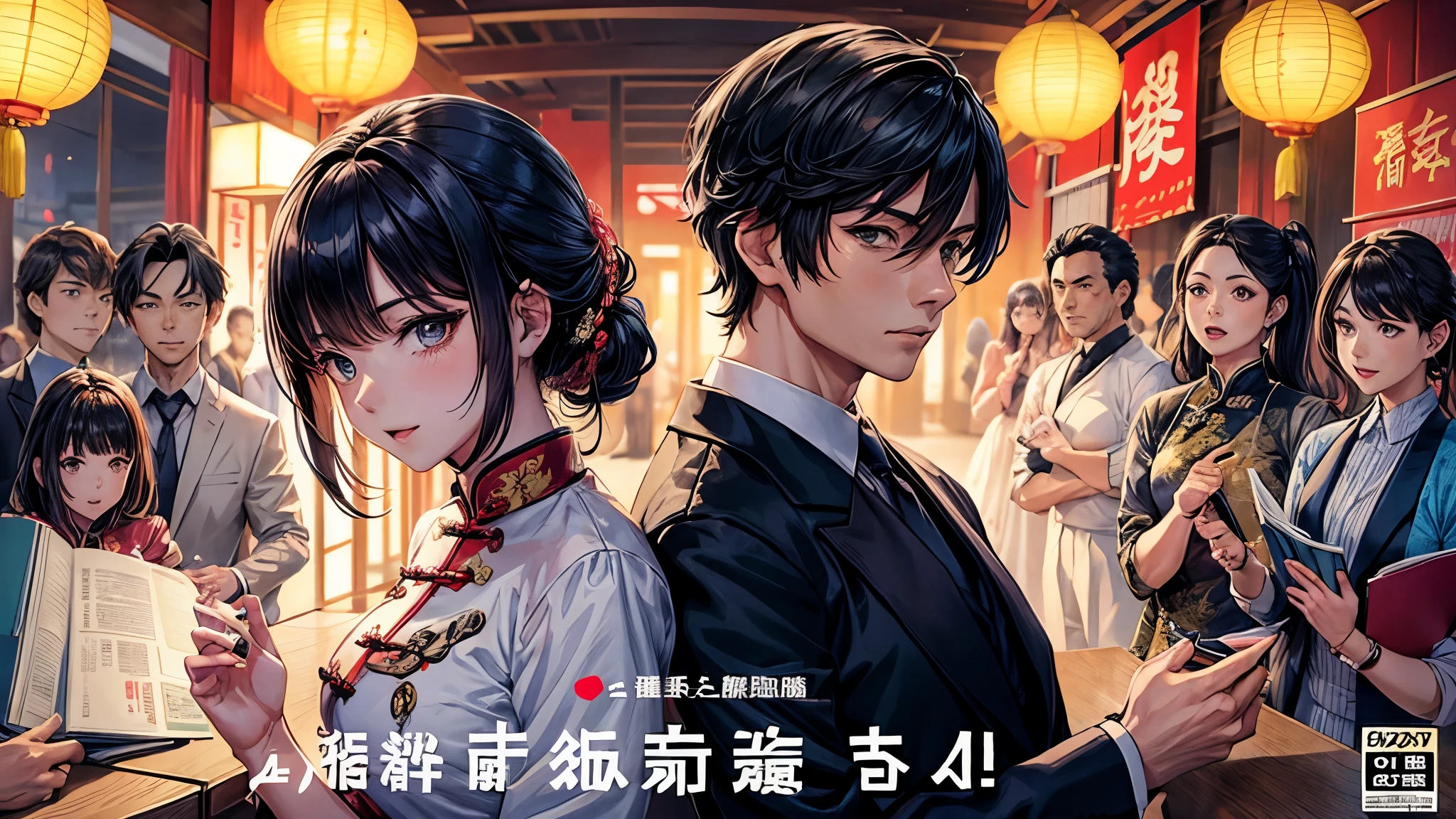 A doujinshi cover featuring a young detective and a woman in a back-to-back Chinese dress, com alguns elementos de 007, battle manga,