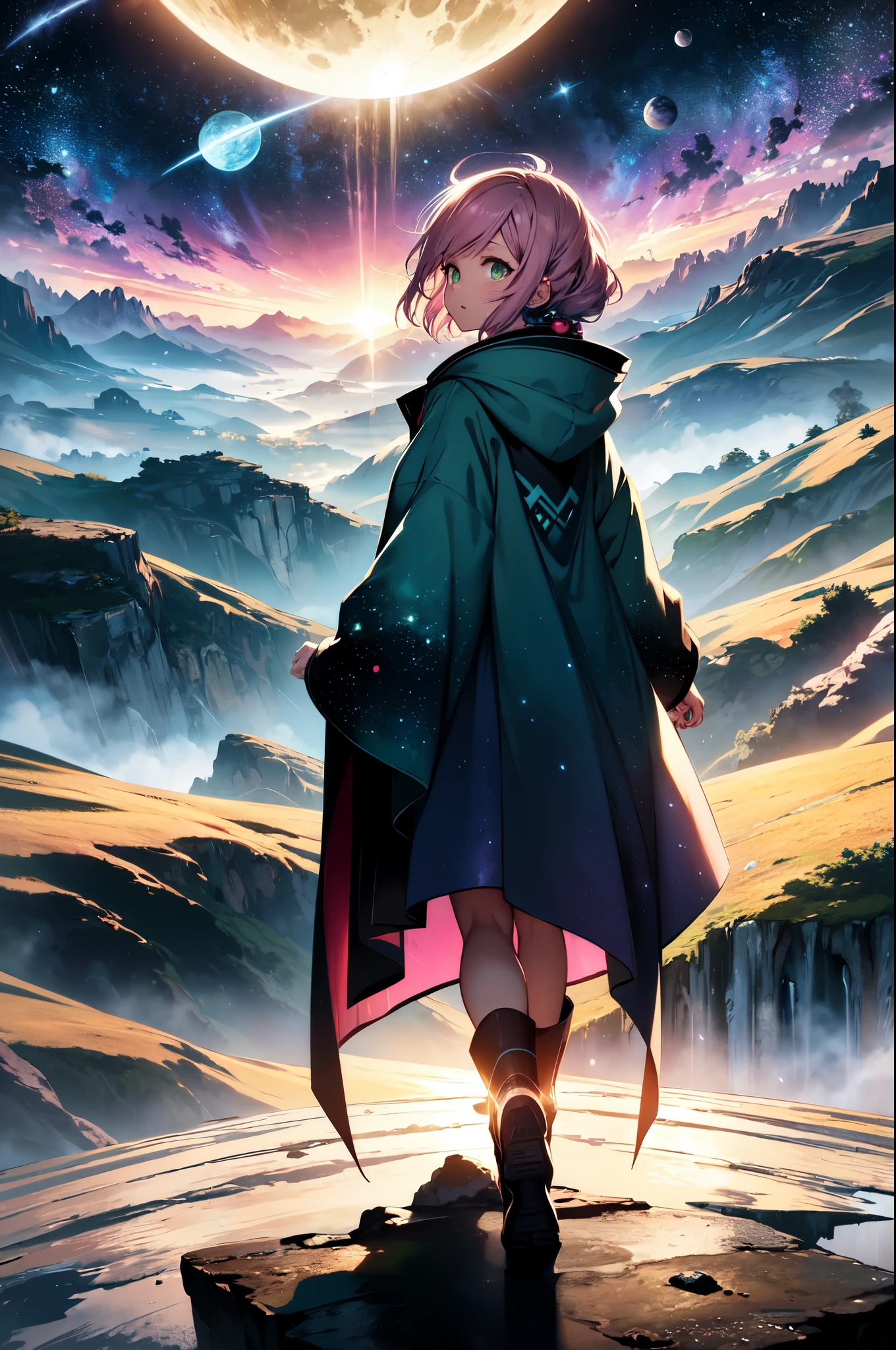 A girl in profile standing on the edge of a cliff, observing the horizon, the clouds are aligned at the height of her feet, a dawn mist, dew in the air, the girl is wearing a large scarf that is moving with the wind towards her front, tight pants, wearing a blouse for the cold, eterochromic eyes (((bright pink and yellow))), Short bob hair, long sideburns, big ass, thick thighs, some flowers around the scene, {CG unit wallpaper of 16k extremely detailed}, expansive landscape photography, (a low view focusing on the character and setting), (wide open field view), (low angle shot), (high light: 1.5), (low light: 1.5), (low light: 1.8), (warm light source: 1.4), complex details, (iridescent colors: 1.8), (bright lighting), (atmospheric lighting), dreamy, magical, aesthetic, (alone:1)