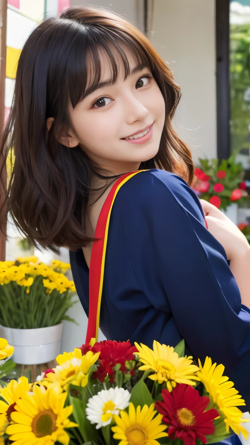 Best-quality, Masterpiece, Ultra-High-Resolution, (Photorealistic:1.4), Raw-Photo, (((photo colored in bright primary colors))), 1girl, 18-years-old, the most famous Japanese idol, at flower-shop, extremely cute face like a most popular Japanese idol, extremely beautiful big-black-eyes, extremely beautiful black-short-cut-haired, extremely beautiful skins, extremely beautiful thighs, detailed flower-shop, detailed lots-of-flowers, looking at viewer, innocent smile, dynamic-pose, upturned ass