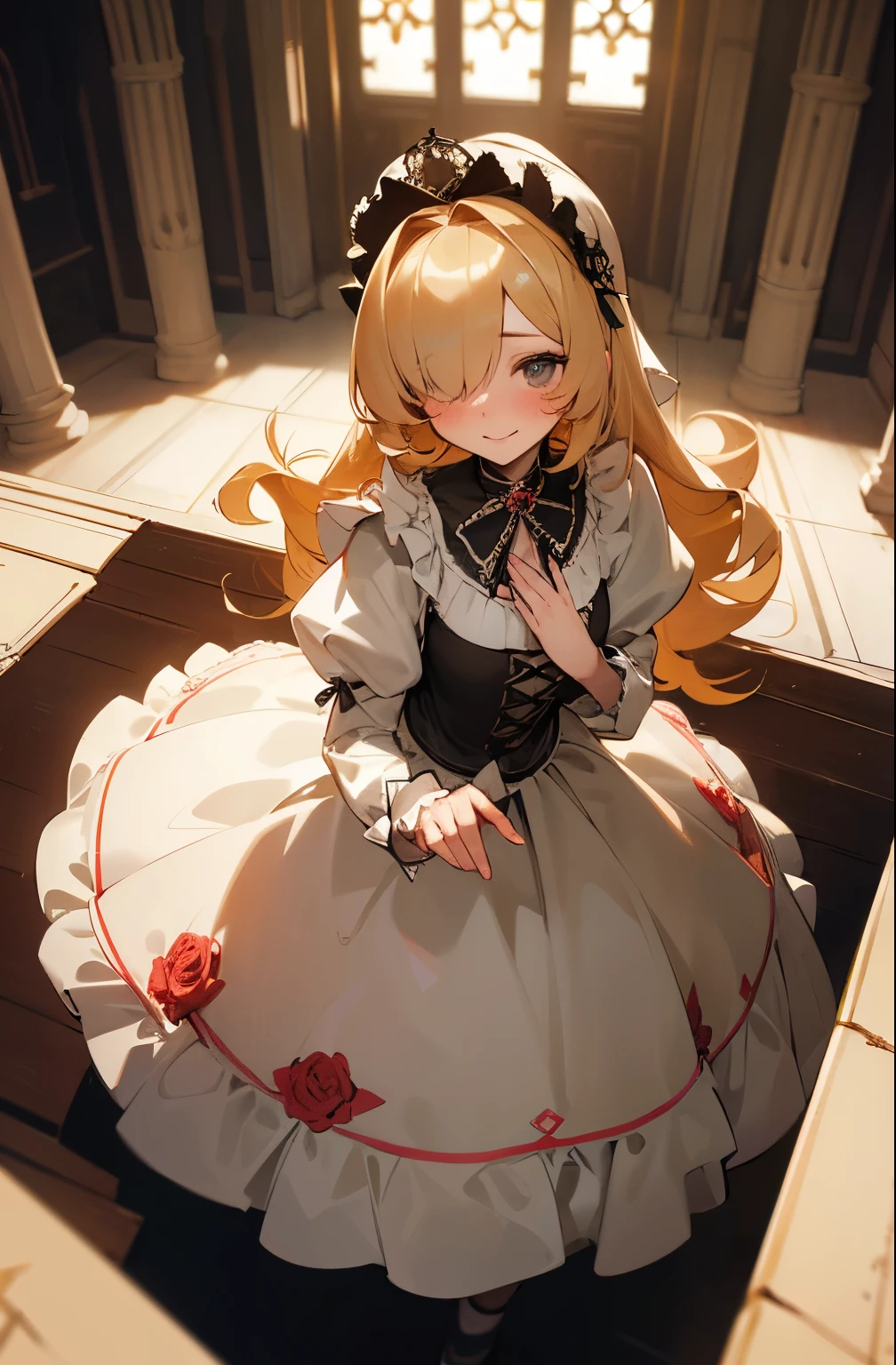 ((Masterpiece)), ((best quality)), (super detailed), 8K, from above, wide shot, Textured skin, cinematic lighting, 1girl, ((Beautiful Lolita princess Dresses)), exposed small breast, (very hoop-dress), Luxury roses embroidery, cute innocent young girl, ((hair over one eye)), Slender and small breasts, (long silky blond hair), (gothic lolita makeup), beautiful hair, smile, (blush), Light particles, ((Lift the skirt with hand)), (in Bright and beautiful Tranquility white Church)