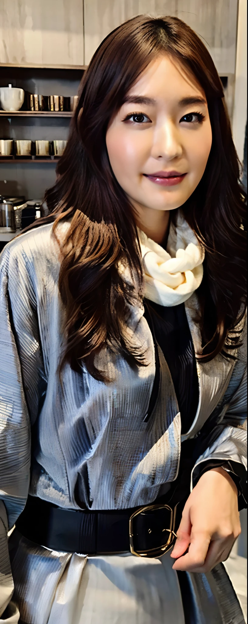 (8k, RAW photos, top quality, masterpiece: 1.2, ultra detailed, super resolution, real photos: 1.37), (Full body photo), 1 noble elegant Japanese lady, (standing contrapposte), winter season, ((black color coodinate, wearing over-size nouton coat, winter fluffy scarf, grey long skirt, legging, wearing long boots)), Shiny, Smile, Looks like 1.8 meters tall, large pelvis, Large breasts, big cuvy hips, Thin waist, Long legs, skin hyper-detail, 20 years old, Perfect face, (Detailed facial features), Wavy hair, Daylight, autumn season, snazzy cafe,