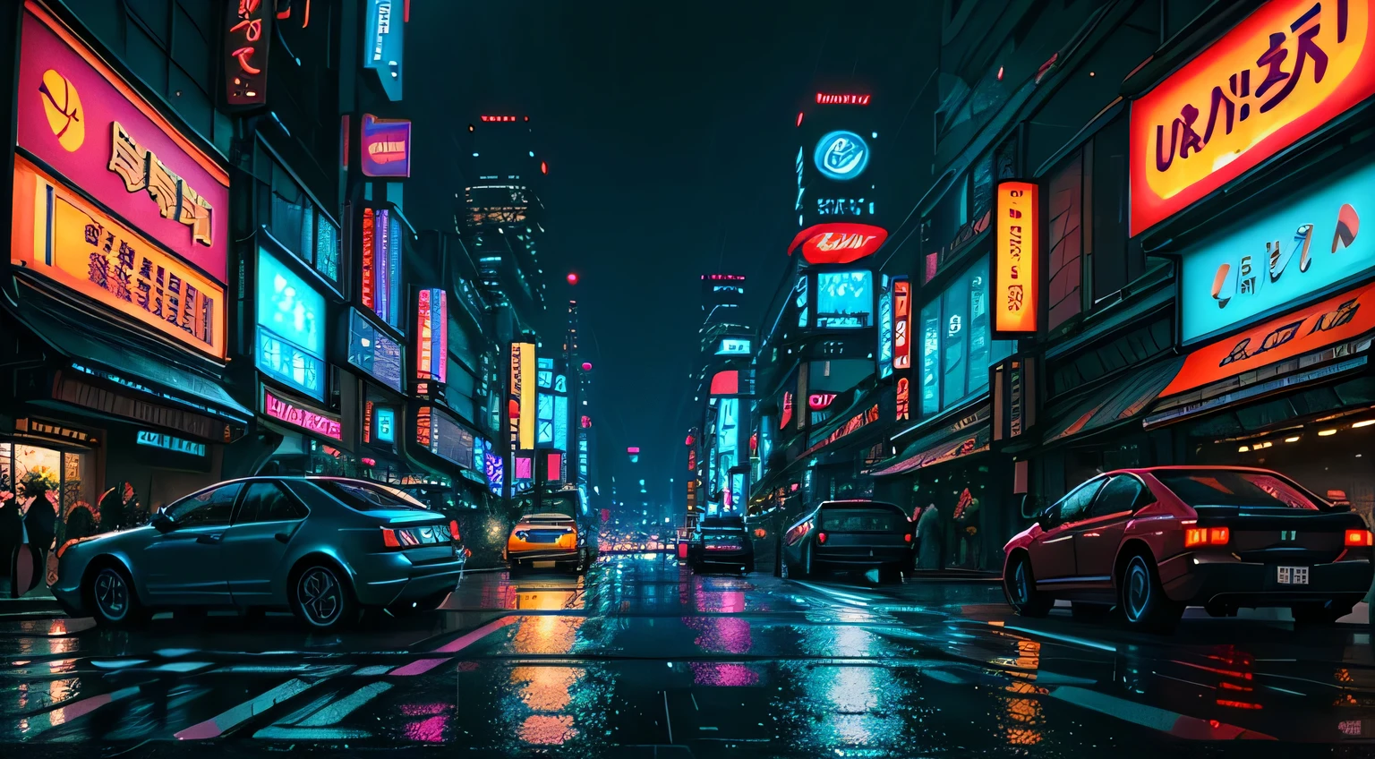 ((best quality)), ((masterpiece)), ((ultra realistic)), ((night time)), majestically detailed soft oil painting by jim lee, beautiful neon cyberpunk Tokyo, reflections, raining, crowded scifi city street, futuristic cars, night time, metallic, neon edge lighting, people, umbrellas, professional, skyscrapers, deep shadows, masterpiece, realistic, roughness, ultra realistic, photographed on a Canon EOS R5, 50mm lens, F/2.8, HDR, 8k resolution, highres, high detail, sharp focus, smooth, roughness, real life, photorealism, photography, 8k uhd,