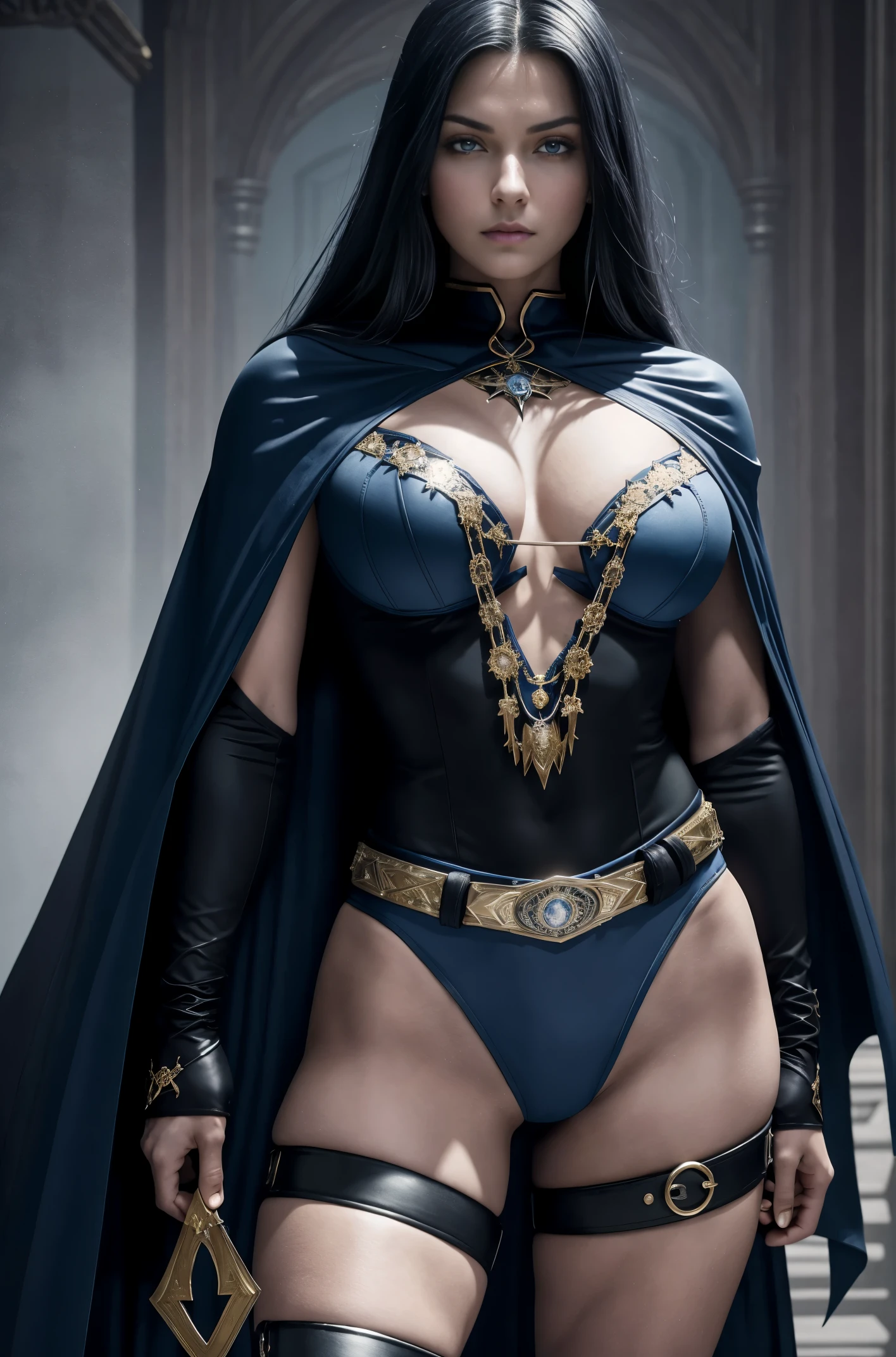 enjinight as Raven, solo cowboy shot,  pale skin, black leotard, sexy hip and thighs, very large hips, dark blue cape,  gold belt, jewels, medallion, athletic, looking at viewer, soft blue mist, fog, volumetric lighting, best quality, masterpiece, intricate details, sharp focus, hyper detailed