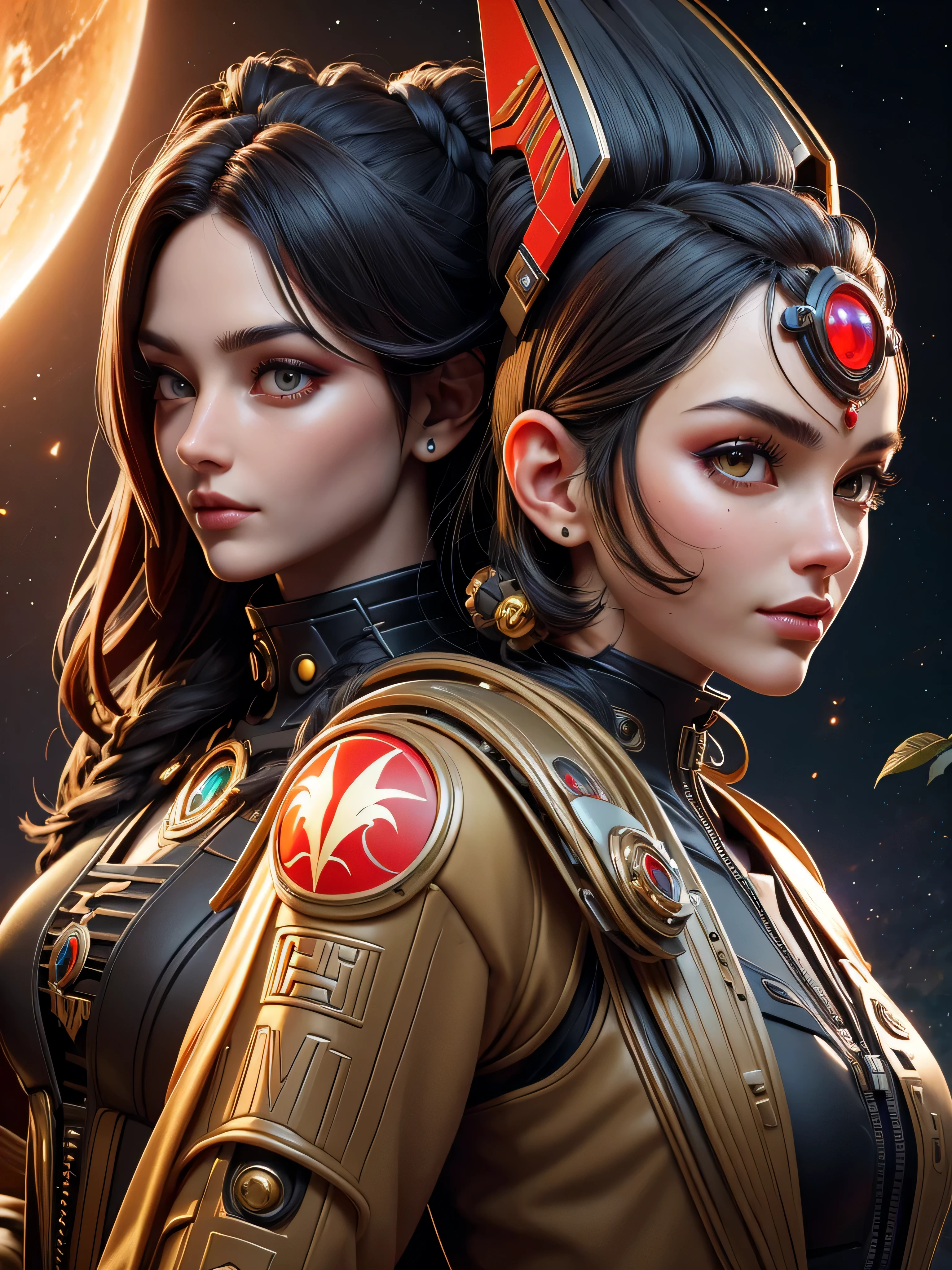 a beautiful woman with a space suit that resembles that of a Alien time traveler from the future. with red/black and gold, a time peace on her chest and a Alien mask in her hand, the back ground of a roman temple and forest plants art by Ray Shark