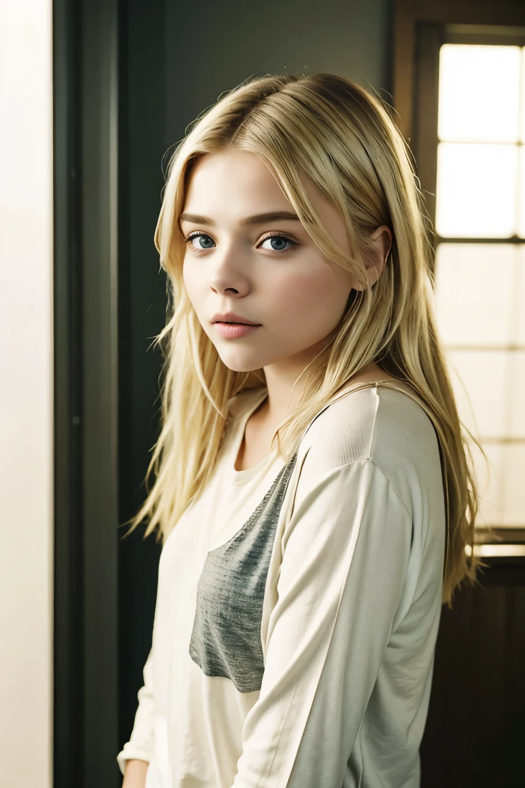 A cute blonde girl, resembling Chloë Grace Moretz but in her twenties, is captured in a sharp image with no glowing light effect. She is dressed in casual clothes, presenting a realistic and natural appearance.