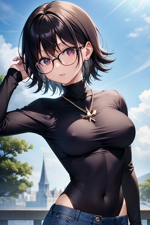 Shizuku Murasaki, 1girl, black hair, short hair, glasses, large breast, underboob, torn clothes, ((tight black long sleeve turtleneck shirt, )), upper body, looking at view, from front below, (masterpiece, high resolution, best quality, anime screencap, anime colored, 8k, photorealistic), denim, inverted cross chain necklace