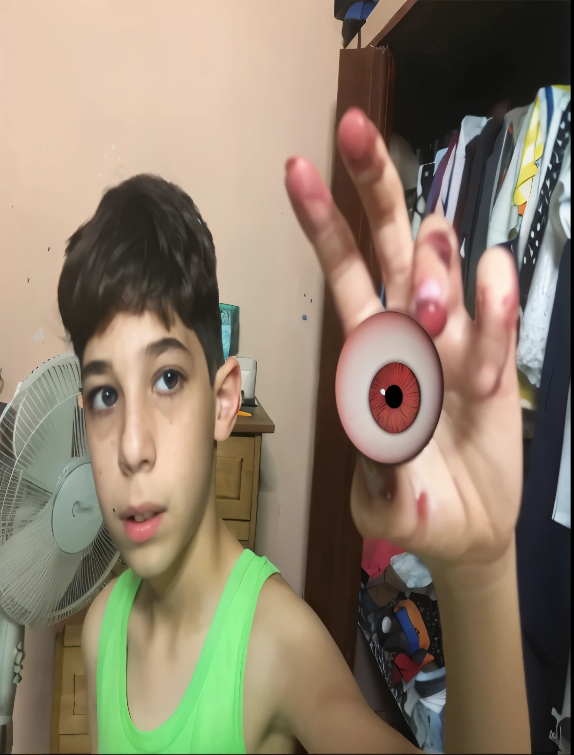 there is a boy holding a fake eyeball in his hand, grandes ojos rojos!!!, grandes ojos rojos, ojos completamente rojos no pupils, strange silly thing with big eyes, ojos aterradores, prosthetic eyeballs, Contactos rojos, lentes de contacto rojas, exotropia eyes, white prosthetic eyes, un ojo rojo, ojos grandes con pupilas visibles, ojos completamente rojos