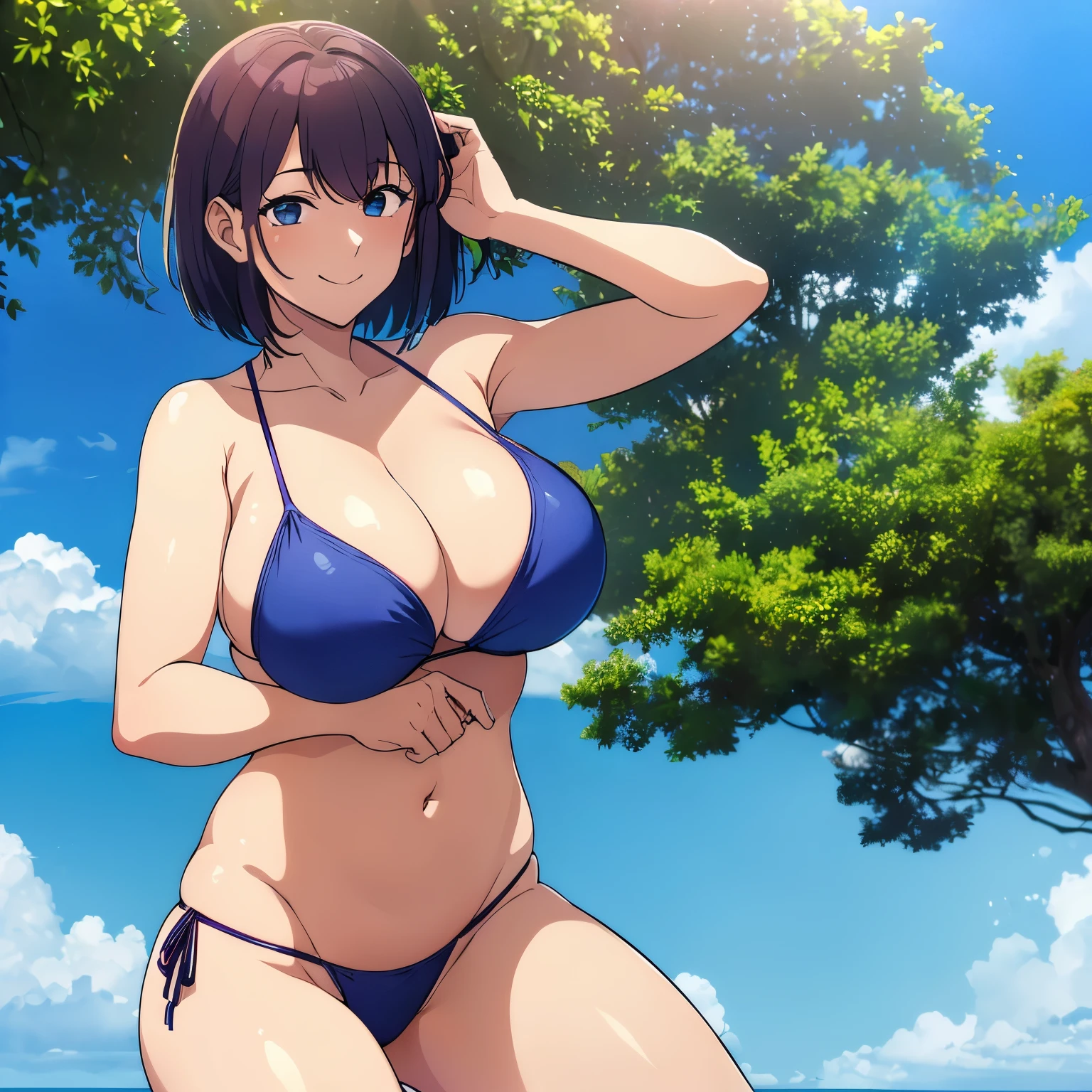 (best quality:1.3), (4K quality), Nobara Kugisaki by jujutsu no kaisen, ((detailed face)),((smile)), (()), (big breasts), sexy, (( cut hair )), ((thong bikini cleavage)), ((blue sky))