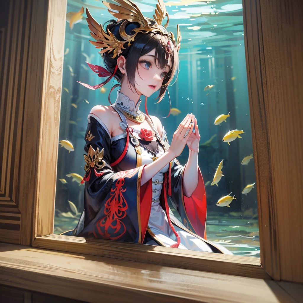 five young nude buddhist goddess praying inside buddist temple, underwater