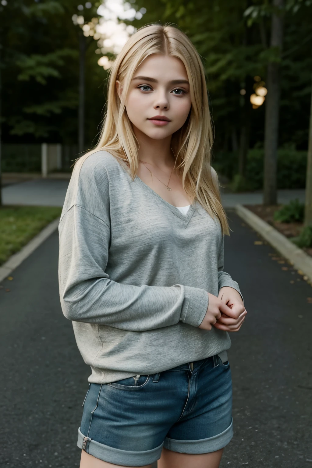 A cute blonde girl, resembling Chloë Grace Moretz but in her twenties, is captured in a sharp image with no glowing light effect. She is dressed in casual clothes, presenting a realistic and natural appearance.