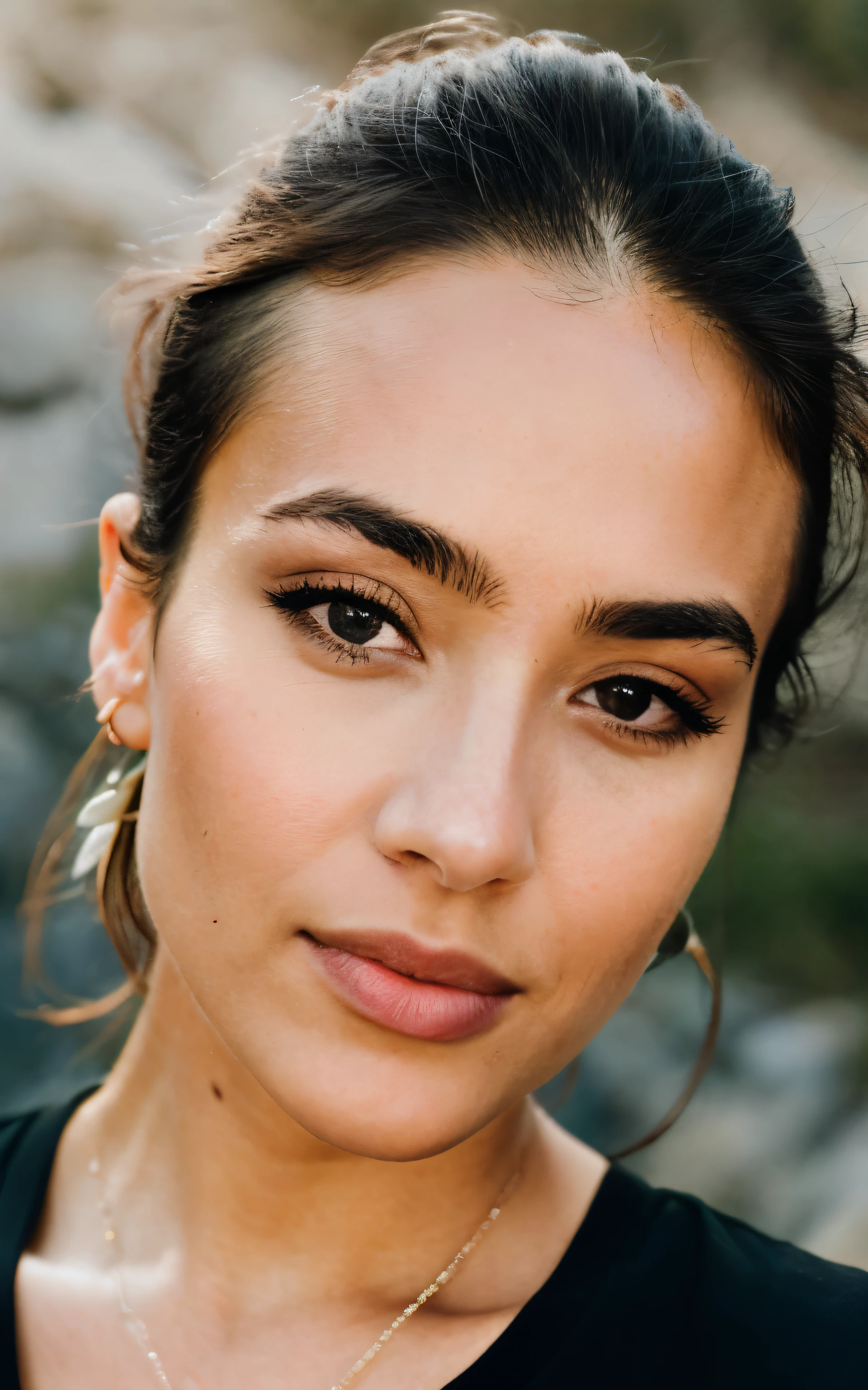 photograph, photo of beautiful woman, headshot, perfect face, really beautiful mediterranean woman, solo, wearing a black t-shirt, outdoors, (night), mountains, real life nature, cheerful, happy, in studio photo shoot, looking at viewer, skin texture, photo grain, close up, RAW photo, real photo, natural light