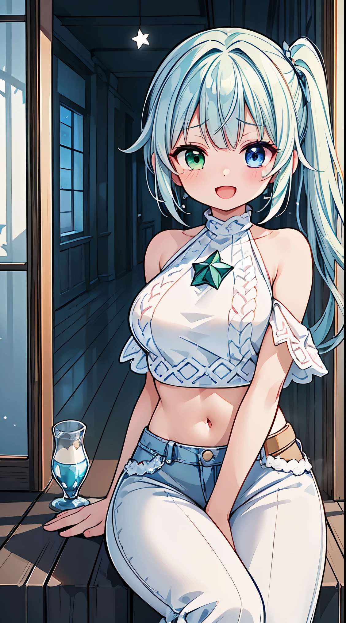 (masterpiece, top quality, best quality, official art, beautiful and aesthetic:1.2),ultra-detailed,intricate details,amazing illustration,award-winning art,atmospheric, 
BREAK  1 beautiful girl, ( girl),Solo,(Cute:1.5),(Chibi:0.6),(kawaii:1.5),(Lori:0.5),BREAK,(17 years oldautiful girl,Very detailed,colourfull,highest details,Clear skin,Beautiful skin,Shy,Very detailed,colourfull,highest details,BREAK,Clear skin,Beautiful skin,Shy skin,BREAK,(Heterochromia,blue eyes,Green eyes, Eye Highlights,The first hyperfine stars:1.45),star eye silhouette ,BREAK,(pale blue hair, Medium length:1.4),(side ponytail,A little curly hair,Princess Cut, crossed bangs:1.3),(large breasts,Beautiful breasts(best quality face),(Top quality glowing eyes),(The best smile,:D:1.45),  BREAK,

sitting, leaning back, arm support, knees together feet apart, from below, close-up pussy, dutch angle,embarrassed, (closed eyes:1.2), open mouth, sleepy, surprised, tears

BREAK 【プロンプト】

＜クオリティアップ系のプロンプト＞
＜キャラの容姿、背景などのプロンプト＞
BREAK (white theme:1.4), (white crochet knit crop top:1.4), (halter neck:1.3),  ((sleeveless, bare shoulders, bare arms):1.3), (white pumps with heels:1.1),
BREAK (denim palazzo pants:1.3), (ankle:1.3), 

BREAL hallway, floor, window, shiny hair, portrait, panorama shot, cinematic angle, BREAK,wakame,wakame,wakame,(Cowboy Shot:1.4),

BREAK,(Blurry background:1.3),(absurderes, hight resolution, Super Detail Art),cel shading,Clear Color, Lonely optical effect, Beautiful pictures, Bright glow, mystic atmosphere,(Close-up of girl:1.1), Mystical light particle effect,manga influence, clean line drawings,