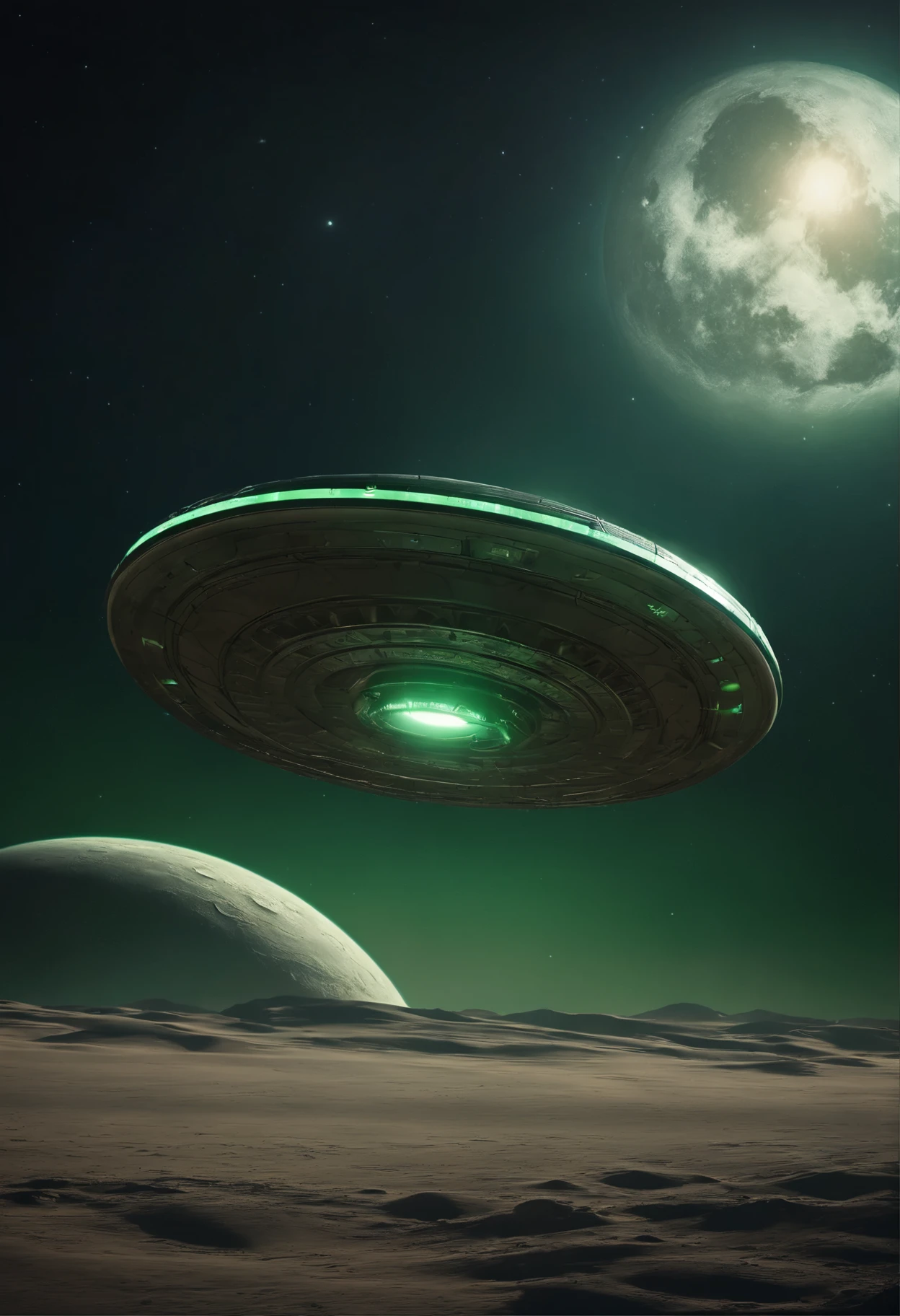 super detailed image of a flying saucer with a soft green light above the surface of the Moon, far in the sky above the horizon of planet Earth, (Best Quality, 16K, Masterpiece, Ultra HD:1.3, Huge detail, hyper realistic, epic scale, insane level of details)