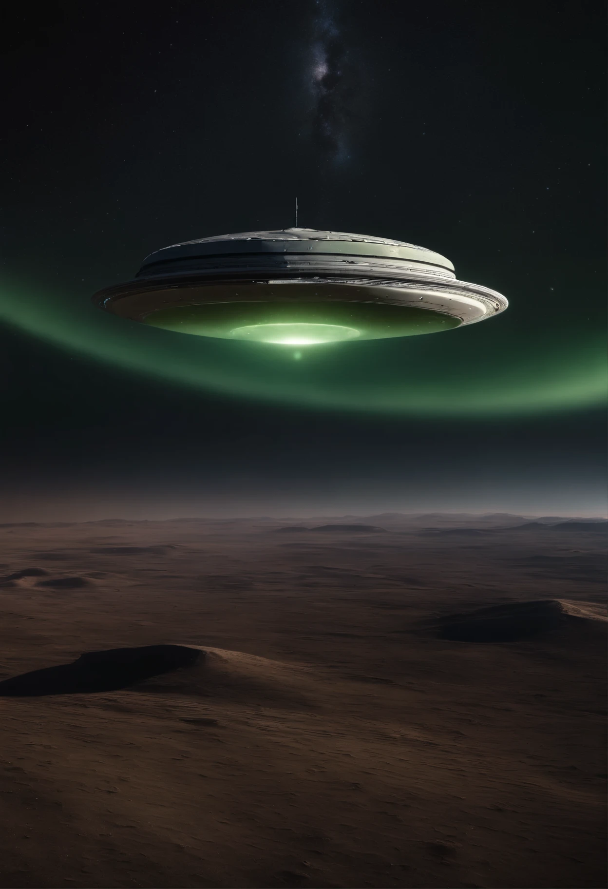 super detailed image of a flying saucer above the surface with craters of the Moon BREAK the flying saucer emits a soft green light BREAK far in the sky above the horizon is planet Earth, view of the planet Earth from space, night sky, stars, space, Milky Way in the sky, (Best Quality, 16K, Masterpiece, Ultra HD:1.3, Huge detail, hyper realistic, epic scale, insane level of details)