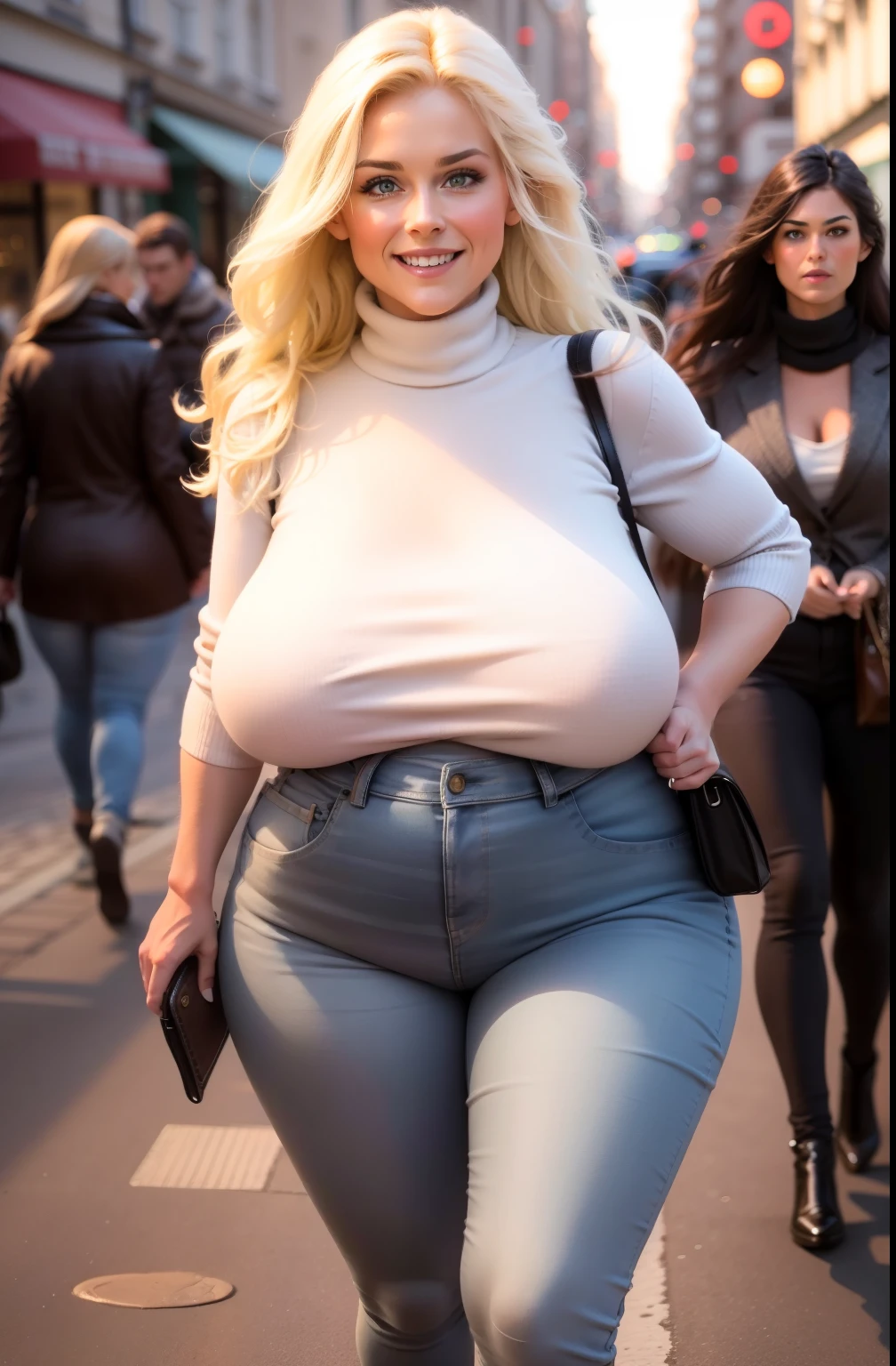 Meisterwerk, Beste Qualität, huge heavy breasts, white turtleneck top, tight jeans trousers, long wavy hair, walking in the city center, wide angle shot, summer time