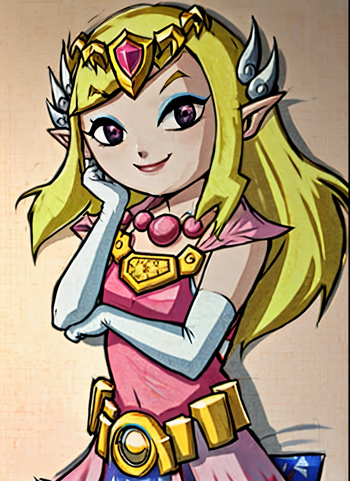 toon zelda, 1girl, solo, long hair, smile, blonde hair, gloves, dress, jewelry, pointy ears, elbow gloves, belt, necklace, black eyes, makeup, tiara, eyeshadow, adjusting elbow glove