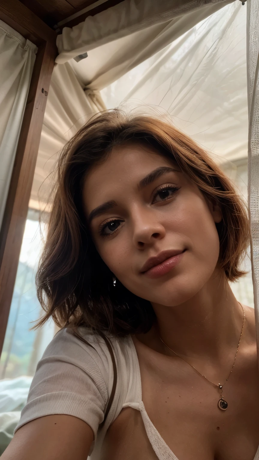 8k,Russian girl,Russian traits,natural red hair,1girl, maxilar bonito, Alto detalhado, peitos perfeitos, high ilumination, realistic, 8k raw,rosto detalhado, Red hair, olhando para o espectador, jewelry, (franja) sardas (olhos azuis) cabelo curto, corpo inteiro, short hair style, short red hair style, detalhes,selfie da parte superior do corpo, feliz)), Tiroteio em uma tenda, bela luz de fundo, Sinal de abertura da tenda,obra de arte, melhor qualidade, ultra-detalhado, Sozinho, exteriores, (a noite), montanhas, natureza, (Estrela, a lua) alegre, feliz,, Aconchegante em um saco de dormir, dentro da tenda, When you open the tent, You can see some good riders outside.., madeiras, rock formations, rios, madeira, smoke, sombrio, contraste, clear sky, analog style (olhando para o espectador:1.2) (textura da pele) (Film grain:1.3), (tom quente, tom quente:1.2), fechar-se, cinematic light, side lighting, Os ultra-Highres, Melhores sombras, wearing pullover, Relaxed and intimate photos, (Uma grande variedade de modas) um pouco distante do espectador, sorriso, 