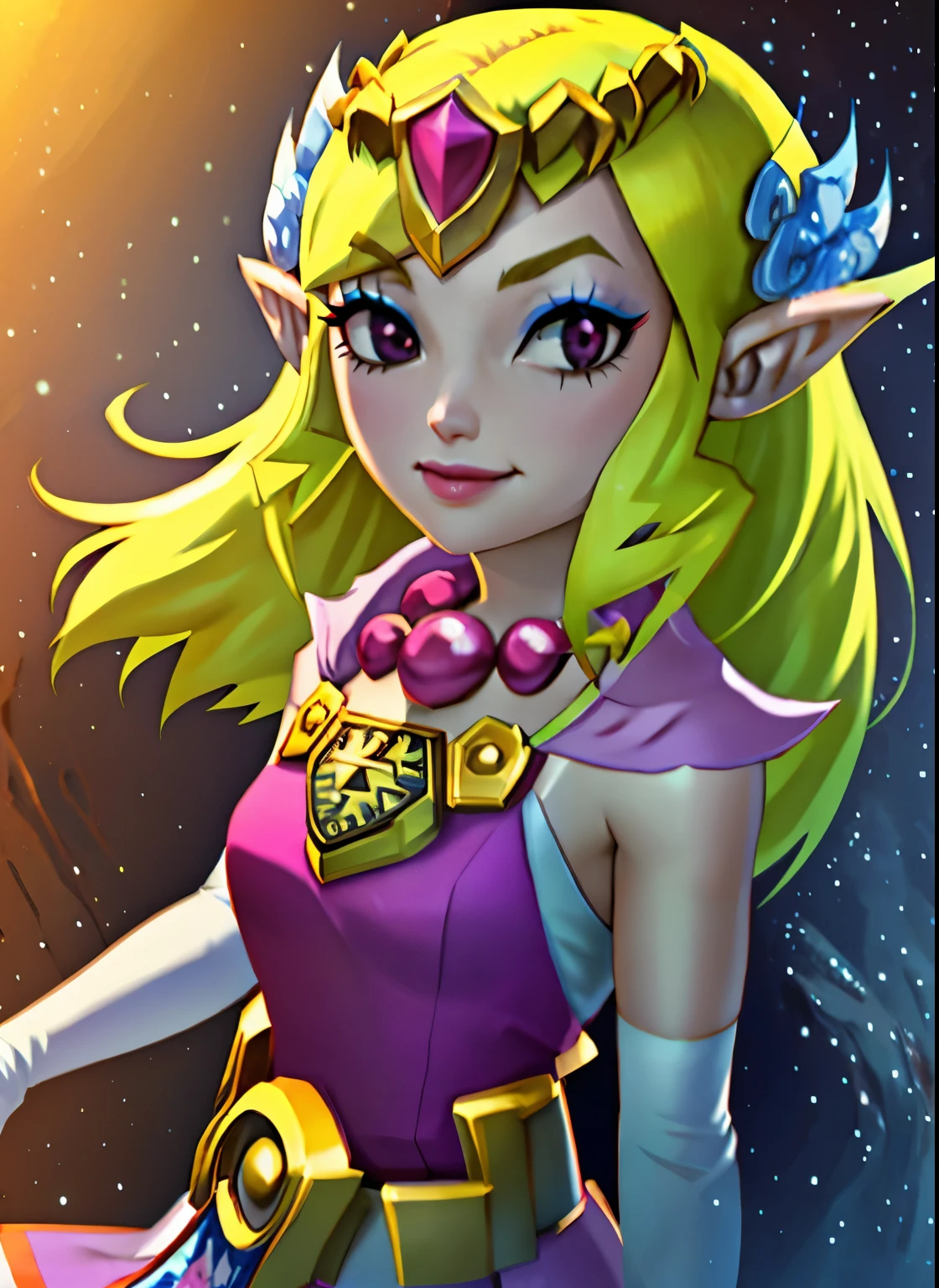 1girl,toon zelda,solo,long hair,smile,blonde hair,charming gloves,dress,jewelry,pointy ears,fine elbow gloves,belt,necklace,black eyes,makeup,tiara,eyeshadow,adjusting elbow glove,(best quality,4k,8k,highres,masterpiece:1.2),ultra-detailed,realistic(photorealistic,photo-realistic:1.37),vivid colors,portraits,anime,studio lighting,flawless makeup,shiny tiara,dim light