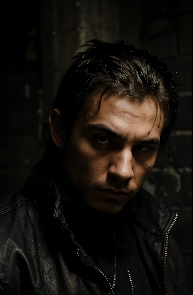 (best quality,highres),edgy portrait, young adult male, criminal, intense stare, dark lighting, grimey background, baggy clothing, rugged look, piercing eyes, chiseled jawline, stubble, rebellious attitude