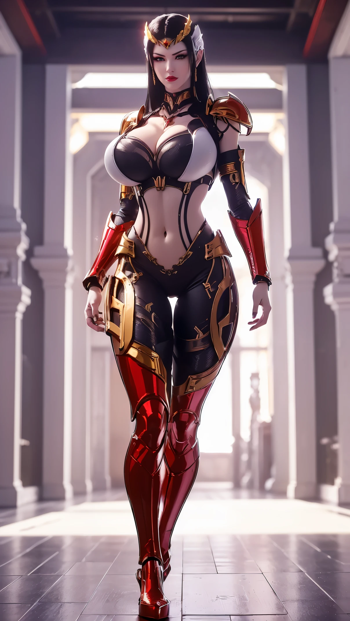 A beauty girl with black hair, (REALISTIC:1.2), (PHOENIX GOLD HELM:1.1), (SLIM BODY SHAPE,HUGE FAKE BREAST:1.5), (CLEAVAGE:1.5), (MUSCLE ABS:1.3), (MECHA GUARD ARMS:1.1), (RED SHINY FUTURISTIC MECHA BREASTPLATE, BLACK MECHA SKINTIGHT SUIT PANTS, MECHA GUARD ARMOR LEGS, HIGH HEELS:1.5), (WET SWEATY SKIN,SEXY LONG LEGS:1.1), (LOOKING AT VIEWER:1.3), (female focus:0.9), (WALKING HALLWAY OF FUTURISTIC SPACE STATION:1), (BRIGHT LIGHT WHITE_ROOM:1.3), HYPER TEXTURE, 4X MSAA, UNREAL ENGINE RENDER, PHYSICALLY-BASED RENDERING, ULTRA HIGHT DEFINITION, 16K, 1080P.