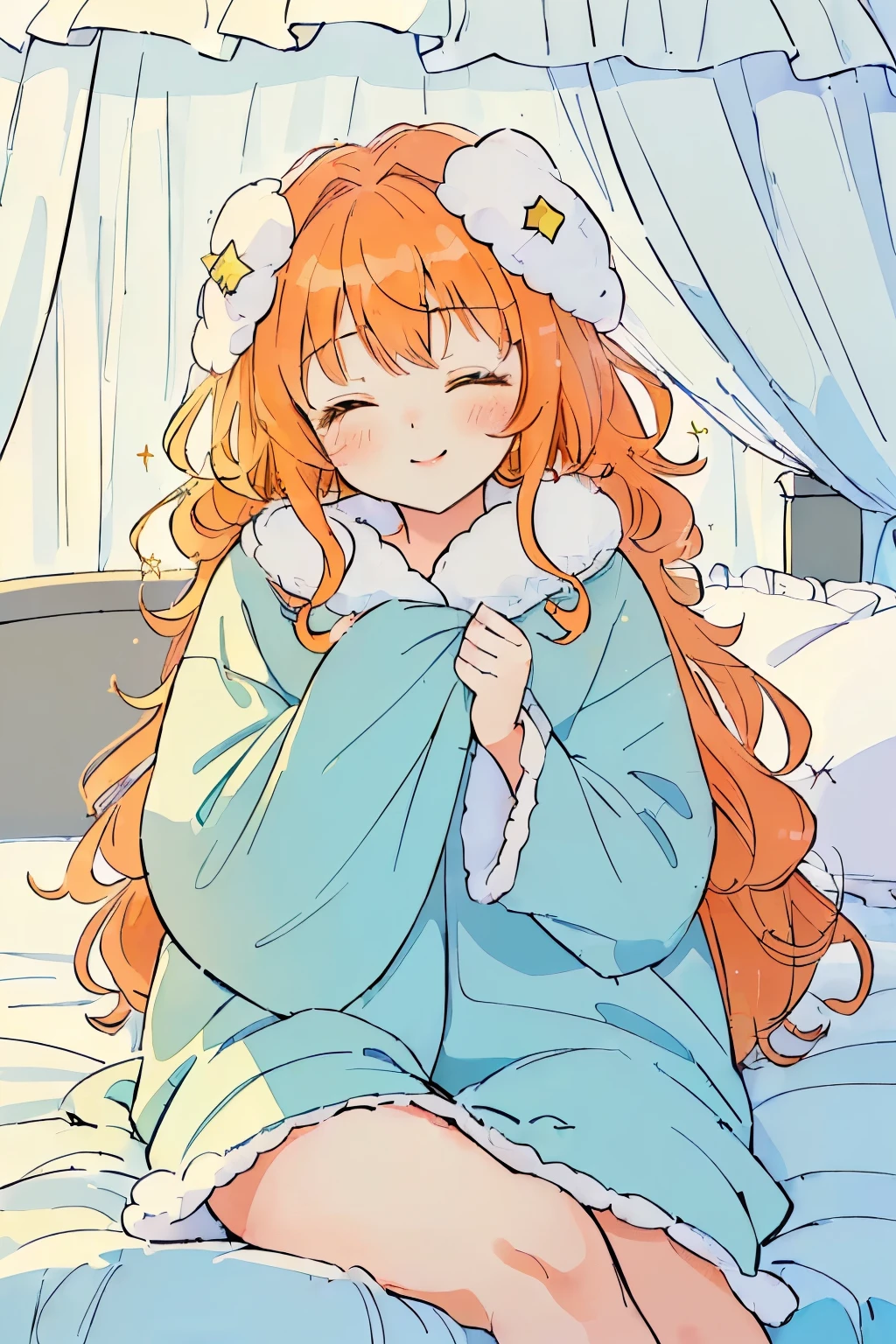 (Fluffy and sparkling bedroom),(bed with canopy:1.4),(sitting clutching the blanket:1.4),(A fluffy and warm blanket:1.3),blush,Chibi,cute,girl,Happy sleeping face,(eyes closed:1.3),(A face with a smile on its lips:1.3),(close up of face:1.3),(Fluffy white and orange hair with a lot of hair:1.3),(Long curly hair with plenty of volume:1.3),(pajamas loungewear:1.2),(Going to bed:1.5),(♡:1.4),(sitting on the bed dozing off:1.35),(light blue, white and yellow green:1.2),(happy dream:1.25)