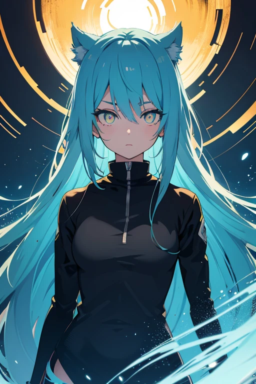 front view, anime girl, cyan hair, golden eyes, in a distorted reality, standing, detailed eyes, vibrant colors, detailed painting, soft lighting, crazy colors