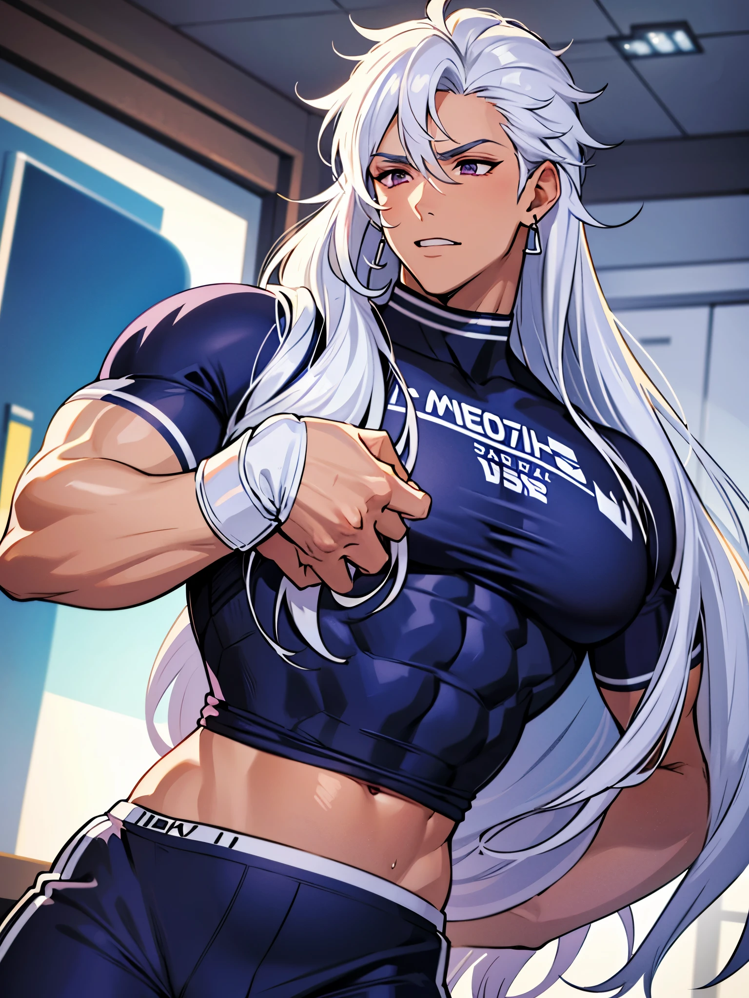 1 man with long curly white hair, silver hair, messy bangs, Sunkissed tan skin, purple magenta eyes, handsome, gloves, earrings, veins on arms and hands, sweaty skin, American football player, tight football uniform, on football field, white happy trail, big pectorals, abs, plump ass, narrow waist, Cinematic lighting, hyper HD, Masterpiece, High details, ((sexy dynamic pose))