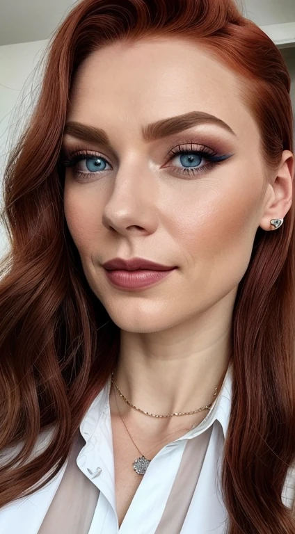 Create a digital portrait of a young woman with striking red hair and piercing blue eyes. Ihr Haar sollte in lockeren Wellen gestylt sein, Falling effortlessly onto his back. Sie sollte eine kleine, zarte Nase und volle Lippen, that curve upwards into a warm smile. Ihre Haut sollte ein gesundes, rosiger Glanz, mit ein paar Sommersprossen auf ihren Wangen und ihrer Nase. Ihre Augen sollten tief sein, Funkelndes Blau, mit langen Wimpern, which further enhance their appeal. Sie sollte in eine einfache, but be dressed in an elegant white blouse, mit einem hohen Ausschnitt, der ihren schlanken Hals betont. Der Hintergrund sollte weich sein, Muted color, Let the subject take center stage. The overall mood of the piece should be characterized by understated elegance and calm confidence