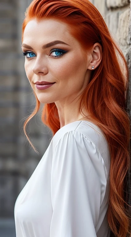 Create a digital portrait of a young woman with striking red hair and piercing blue eyes. Ihr Haar sollte in lockeren Wellen gestylt sein, Falling effortlessly onto his back. Sie sollte eine kleine, zarte Nase und volle Lippen, that curve upwards into a warm smile. Ihre Haut sollte ein gesundes, rosiger Glanz, mit ein paar Sommersprossen auf ihren Wangen und ihrer Nase. Ihre Augen sollten tief sein, Funkelndes Blau, mit langen Wimpern, which further enhance their appeal. Sie sollte in eine einfache, but be dressed in an elegant white blouse, mit einem hohen Ausschnitt, der ihren schlanken Hals betont. Der Hintergrund sollte weich sein, Muted color, Let the subject take center stage. The overall mood of the piece should be characterized by understated elegance and calm confidence
