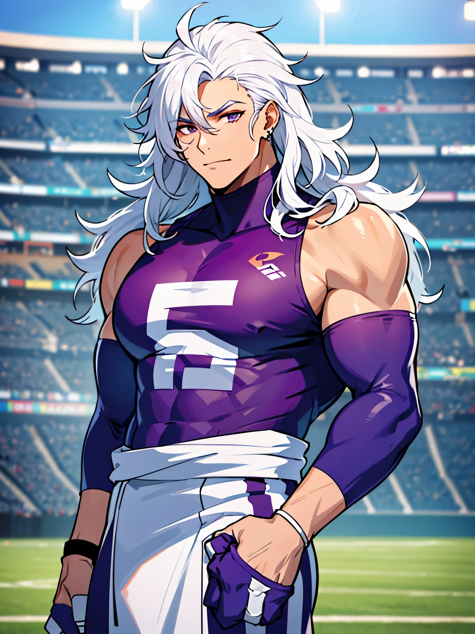 1 man with long curly white hair, silver hair, messy bangs, Sunkissed tan skin, purple magenta eyes, handsome, gloves, earrings, veins on arms and hands, sweaty skin, American football player, tight football uniform, on football field, white happy trail, big pectorals, abs, plump ass, narrow waist, Cinematic lighting, hyper HD, Masterpiece, High details, ((sexy dynamic pose))