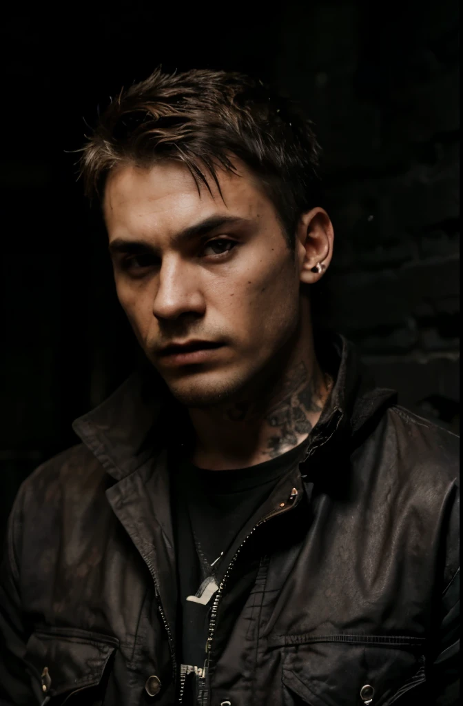 (best quality,highres),edgy portrait, young adult male, criminal, intense stare, dark lighting, grimey background, baggy clothing, rugged look, piercing eyes, chiseled jawline, stubble, rebellious attitude