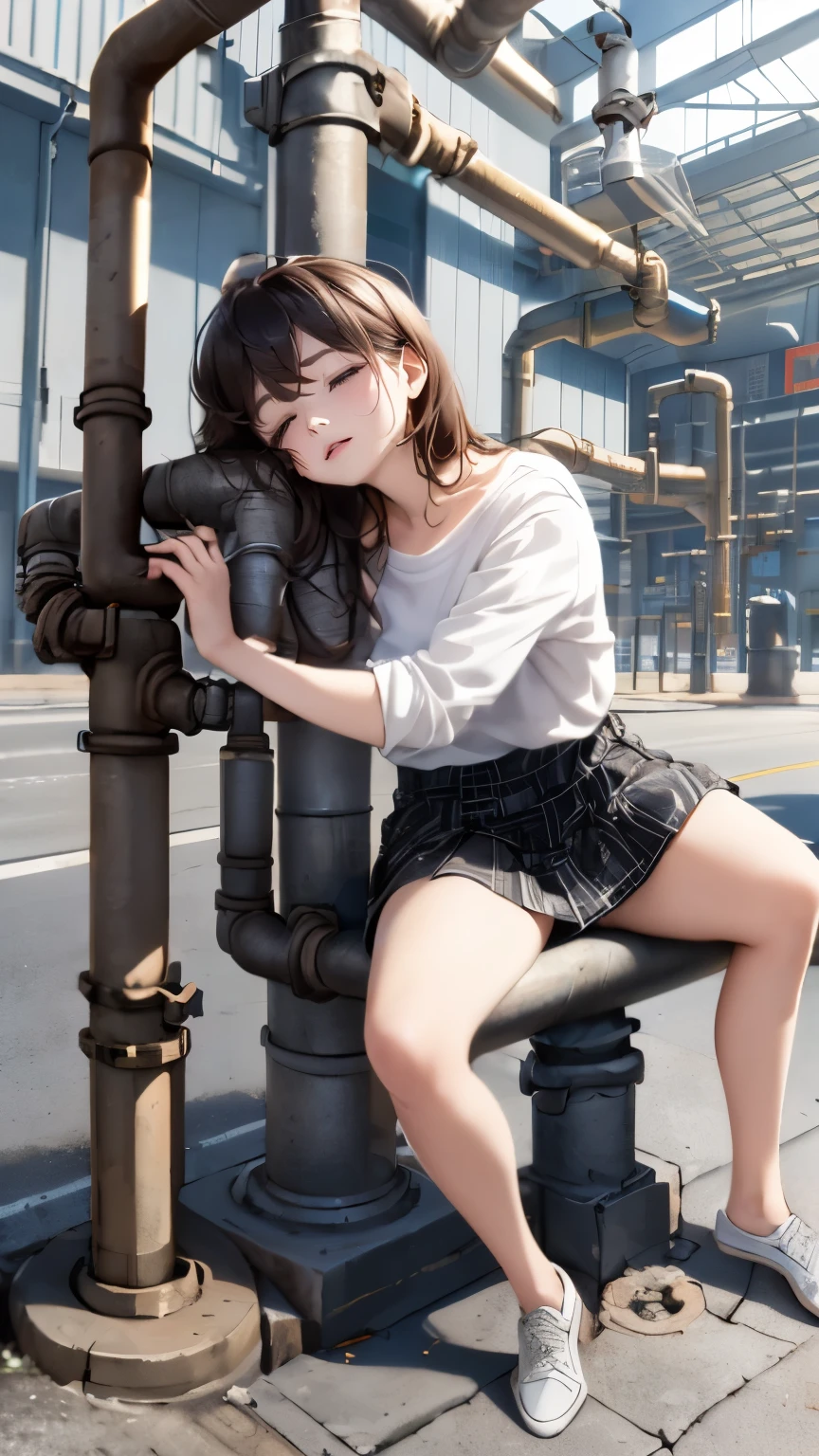 (drooping eyes, sleepy face, angle from below, realistic skin), ((straddling to hit her crotch against (the installed pipe-bollard) on the ground)), open legs, various-pattern-shirt and skirt, outside of the factory area,