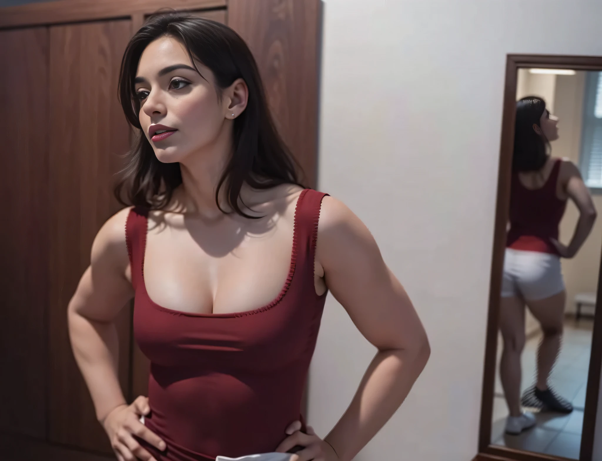 Mulher brasileira com blusa vermelha em frente a um espelho, trocando de roupa, her hand is on her waist, vestindo uma blusa vermelha, she is facing the camera, vestindo uma malha, roupas reveladoras, she is wearing a red blouse and white shorts , curto apertado. Uma mulher com pele branca e cabelos escuros. Ela tem trinta anos. Seu vermelho, slightly plump lips are like a delicate flower, e ela grande, olhos encantadores parecem conter um mundo de maravilhas. Ela tem 30 anos. Ela tem 162 cm de altura e seu corpo pesa 56 kg. Your body exudes glamor and your face is the definition of beauty. pernas bem torneadas. Altamente realista, pele avermelhada, beautiful lips, sorriso, feeling of lightness and joy, hiperrealismo, pele muito elaborada, olhar direto, obra de arte, alta qualidade, Grande nitidez, high resolution, 8k.