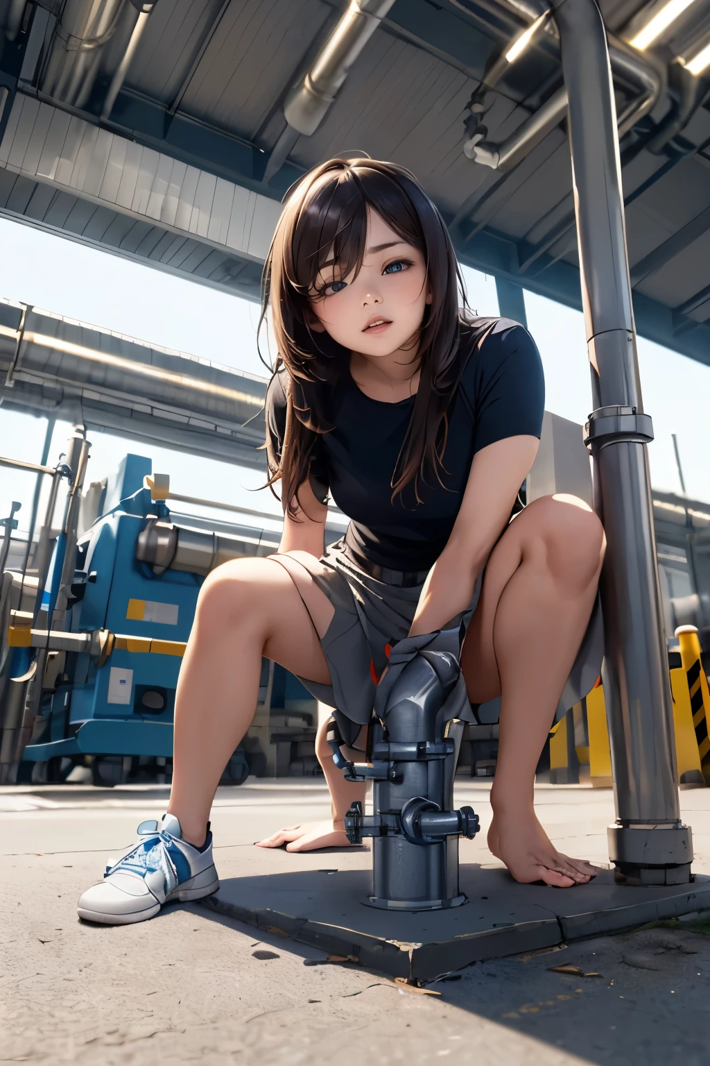 (drooping eyes, sleepy face, angle from below, realistic skin), ((straddling to hit her crotch against (the installed pipe-bollard) on the ground)), open legs, various-pattern-shirt and skirt, outside of the factory area,