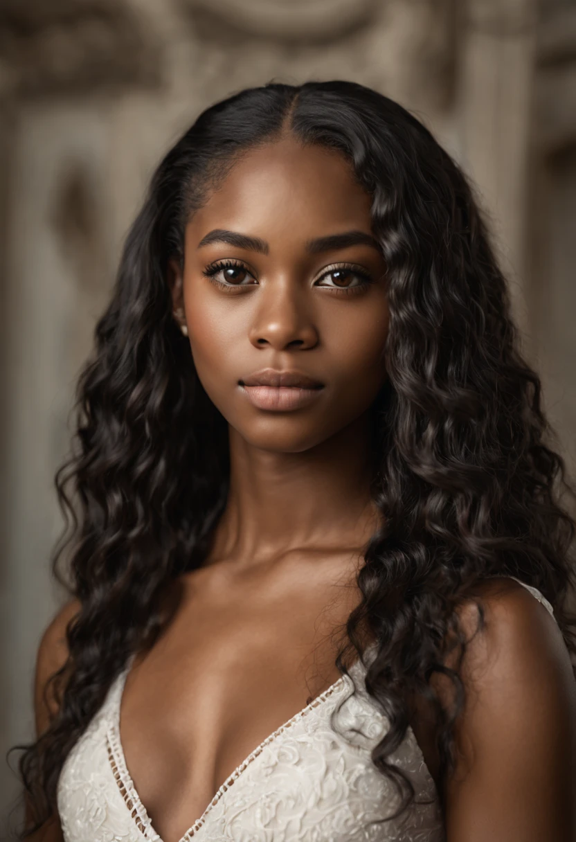 (half body portrait: 1.4) Raw UHD portrait of a 21-year-old black american woman named stacy, long black hair, brown eyes, feminine features, dslr, ultra quality, sharp focus, tack, sharp, film grain, fuji film XT3, detailed skin pore, oiled skin, tan, intricate eye detail, white dress