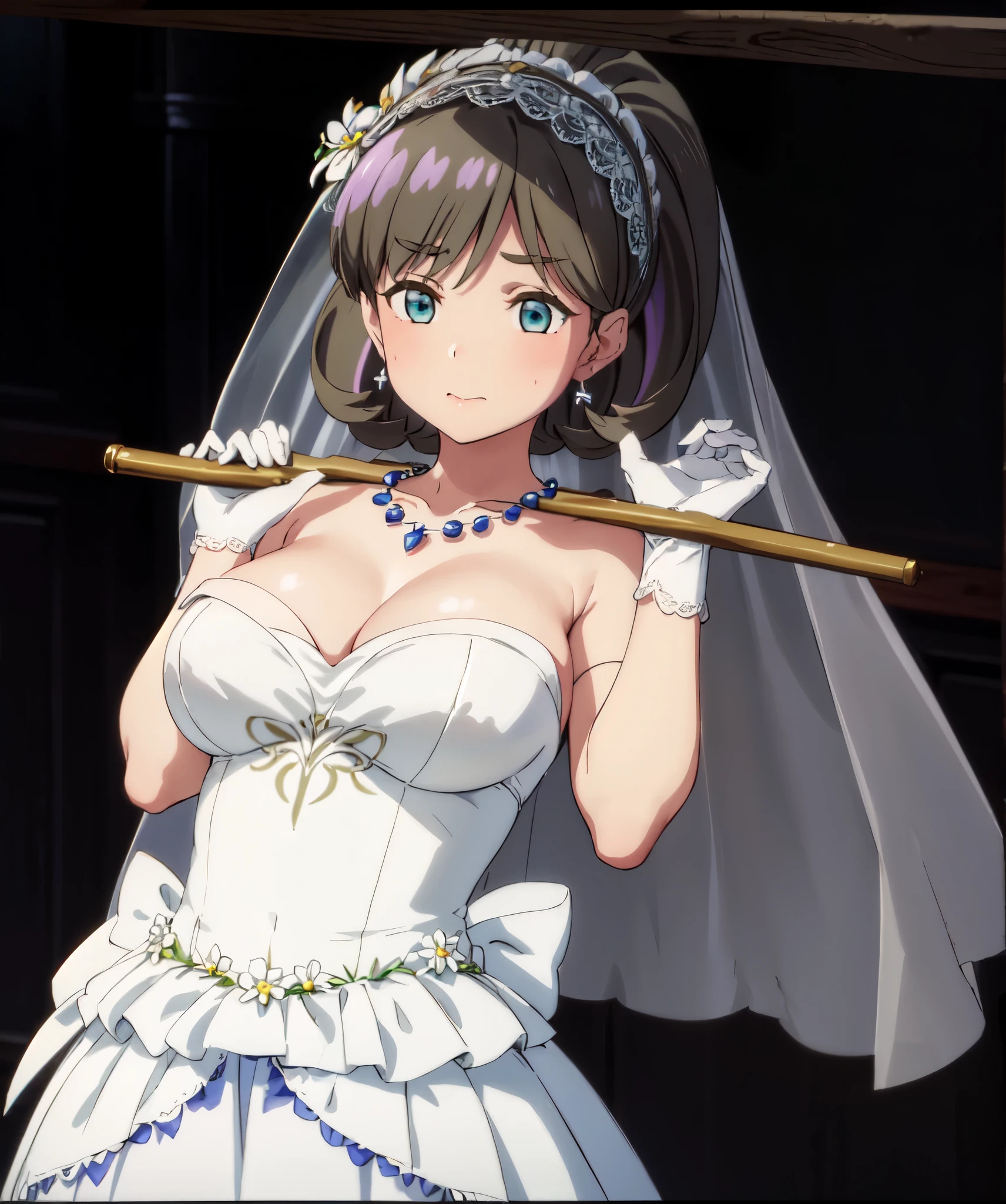 (((Pixel perfect, Perfect details))), alone, 1 girl, keketang, ponytail，Gurwitz，pillory，Head flail，hand flail，flail，(bridal veil:1.5），（short sheer veil：1.5），Blushing face，Head flower，headgear，（tube top wedding dress：1.5），（Silk dress：1.2）,（Strapless wedding dress：1.5）,Bouquet,pure white dress，necklace，earrings，(large breasts:1.3)，Deep V peach heart collar wedding dress，Bangs，lipstick，（lace gloves：1.3）,Bust photo,High detail RAW color art,Tyndall phenomenon