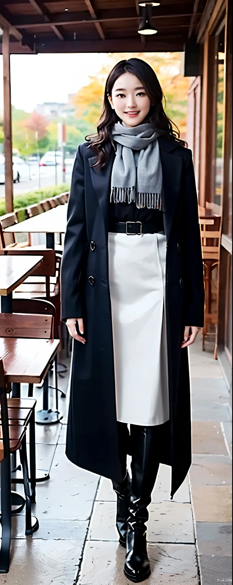 (8k, RAW photos, top quality, masterpiece: 1.2, ultra detailed, super resolution, real photos: 1.37), (Full body photo), 1 noble elegant Japanese lady, (standing contrapposte), winter season, ((black color coodinate, wearing over-size nouton coat, winter fluffy scarf, grey long skirt, legging, wearing long boots)), Shiny, Smile, Looks like 1.8 meters tall, large pelvis, Large breasts, big cuvy hips, Thin waist, Long legs, skin hyper-detail, 20 years old, Perfect face, (Detailed facial features), Wavy hair, Daylight, autumn season, snazzy cafe,