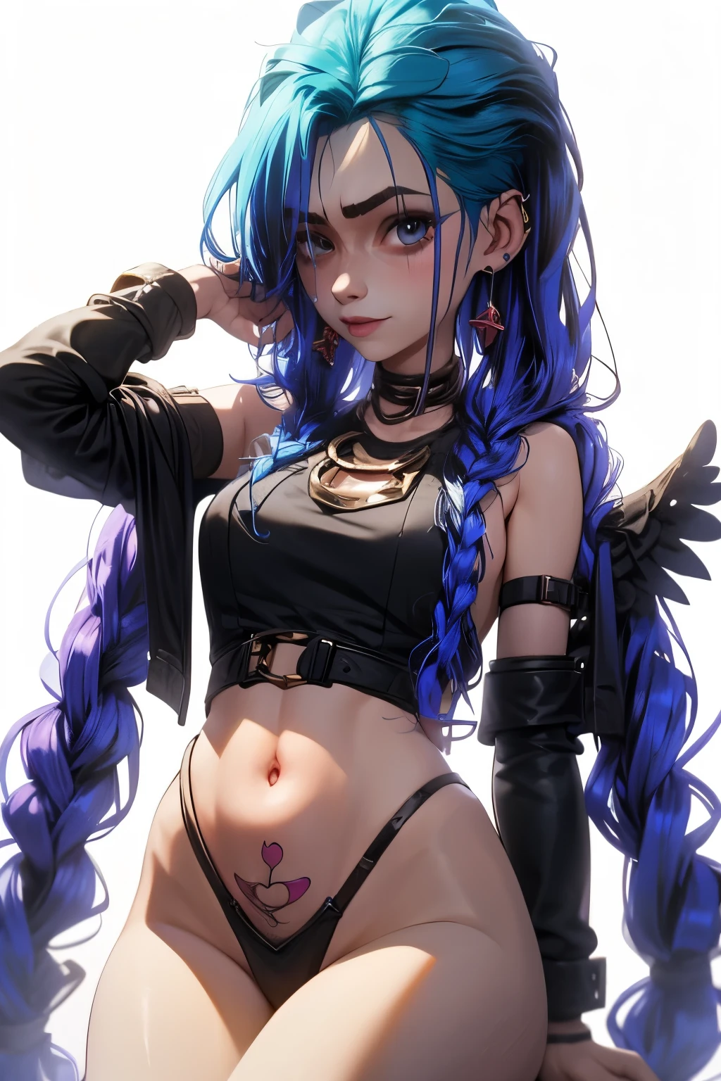 Nsfw, Jinx, league of legends, (master part, best quality;1.3), extremamente detalhado ,ultra detalhado, 1girl,sozinho, seios pequenos, sorriso maligno, ornamento de cabelo, Brincos, Olhando para o Viewer, mini saia, micro bra, olhos roxos, 4k resolution, ultra-realistic, altamente detalhado, corpo inteiro, dynamic perna aberta, pelos pubianos, hair pussy