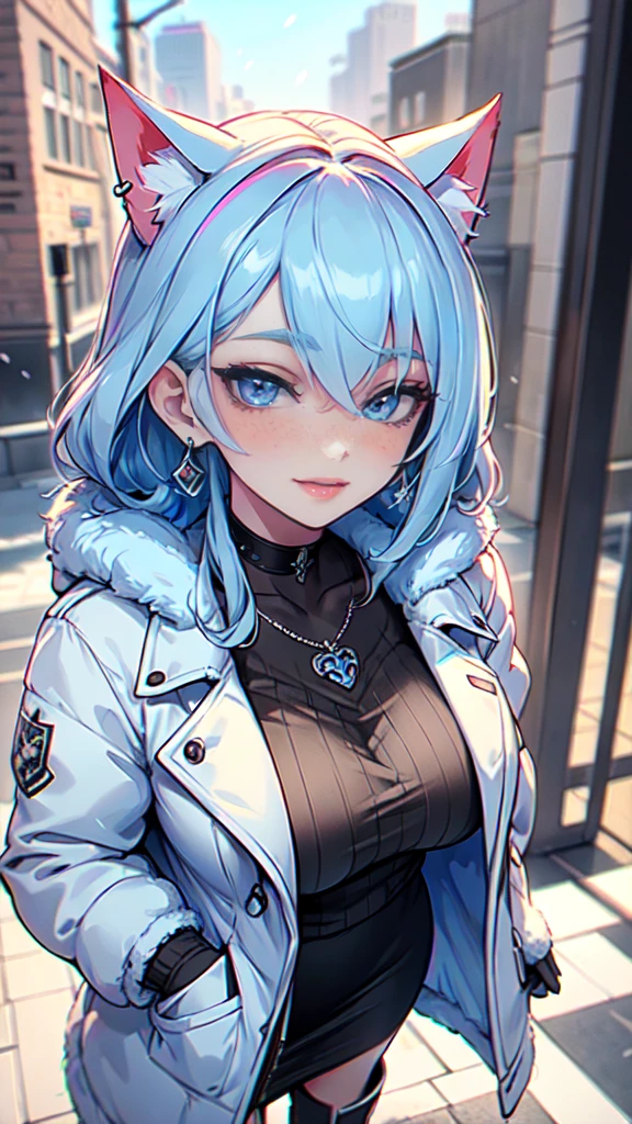 Masterpiece, high res, beautiful art, professional artist, 8k, art style by sciamano240, very detailed face, very detailed hair, very detailed clothes, 1girl, perfectly drawn body, beautiful face, long hair, light blue hair , very detailed blue vertical cat eyes, square glasses, pouty lips , rosey cheeks, intricate details in eyes, extreme close up of face, see only head and neck, staring directly at viewer, wearing cute winter clothes, winter coat, scarf, sweater, necklace, choker, earrings, gloves, pencil skirt, black tigh boots, some freckles, big wide grin, in love with the viewer expression, sunny winter setting, pov standing outside walking with viewer,
