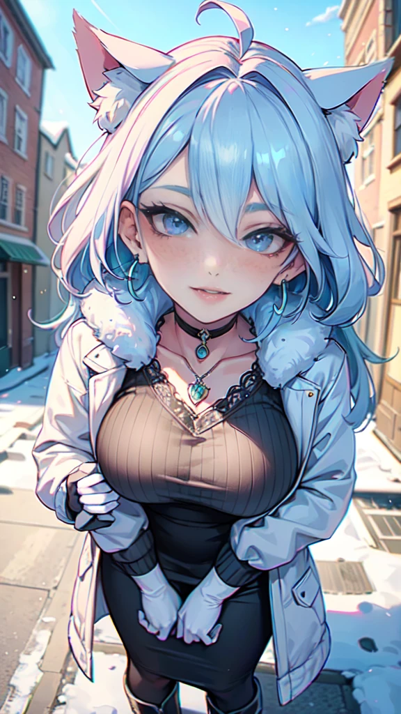 Masterpiece, high res, beautiful art, professional artist, 8k, art style by sciamano240, very detailed face, very detailed hair, very detailed clothes, 1girl, perfectly drawn body, beautiful face, long hair, light blue hair , very detailed blue vertical cat eyes, square glasses, pouty lips , rosey cheeks, intricate details in eyes, extreme close up of face, see only head and neck, staring directly at viewer, wearing cute winter clothes, winter coat, scarf, sweater, necklace, choker, earrings, gloves, pencil skirt, black tigh boots, some freckles, big wide grin, in love with the viewer expression, sunny winter setting, pov standing outside walking with viewer,