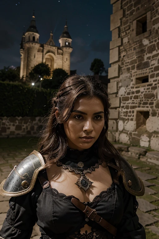 Mujer de tez morena, de rodillas, portando una armadura rojo obscuro, con el cabello negro recogido en una trenza, arms dropped to the sides of the body, viendo fijamente al frente, el rostro demostrando cansancio, en el fondo un castillo en llamas, la noche obscura y solo iluminada por las llamas del castillo.