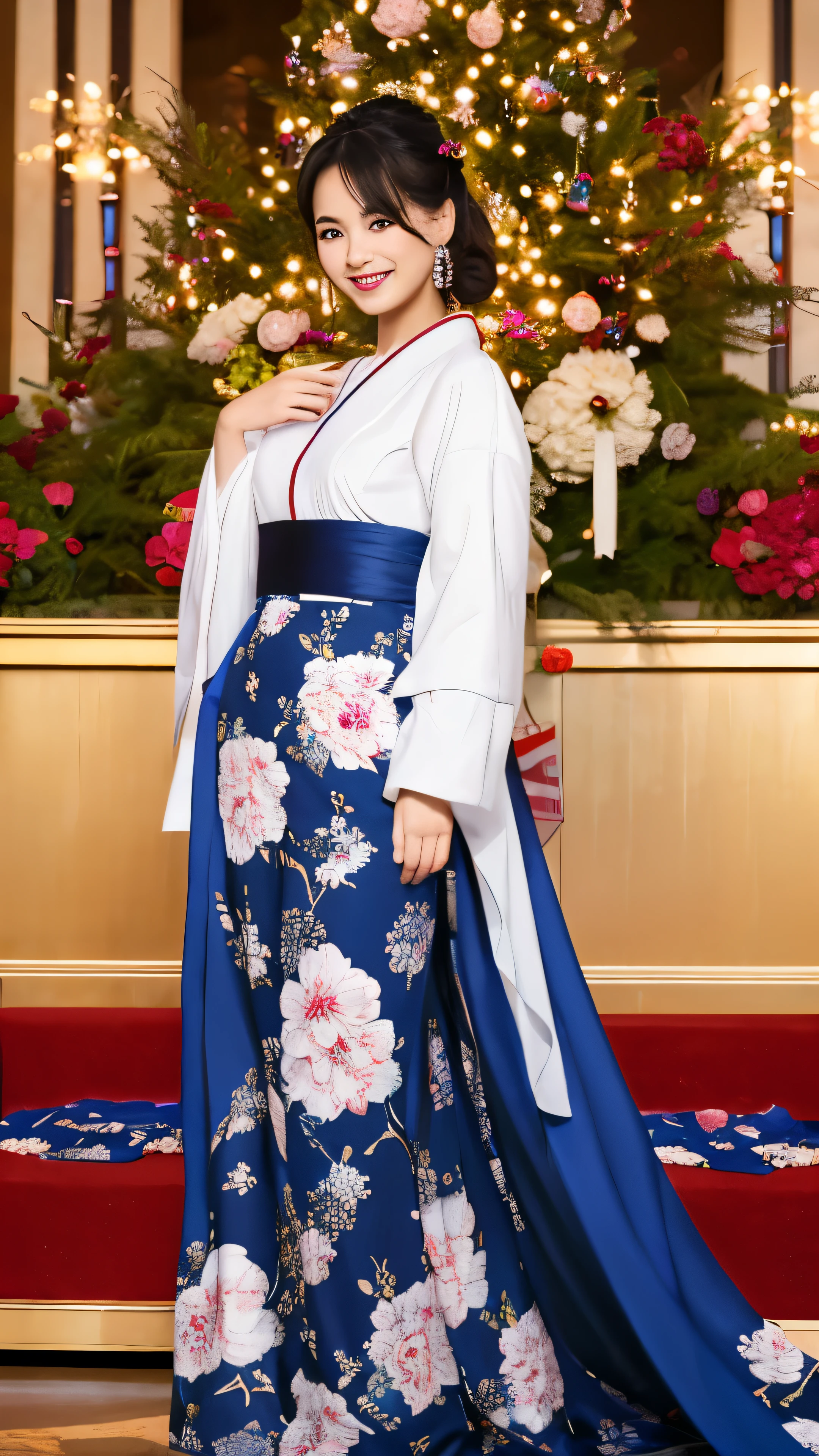 High quality images,1 A girl wearing a blue floral kimono,Unparalleled beauty details,party venue,Full body high-definition painting,facial details,Looking at camera with a smile,For some reason I&#39;i am barefoot,Full body high-definition painting,Super beautiful details,facial details,