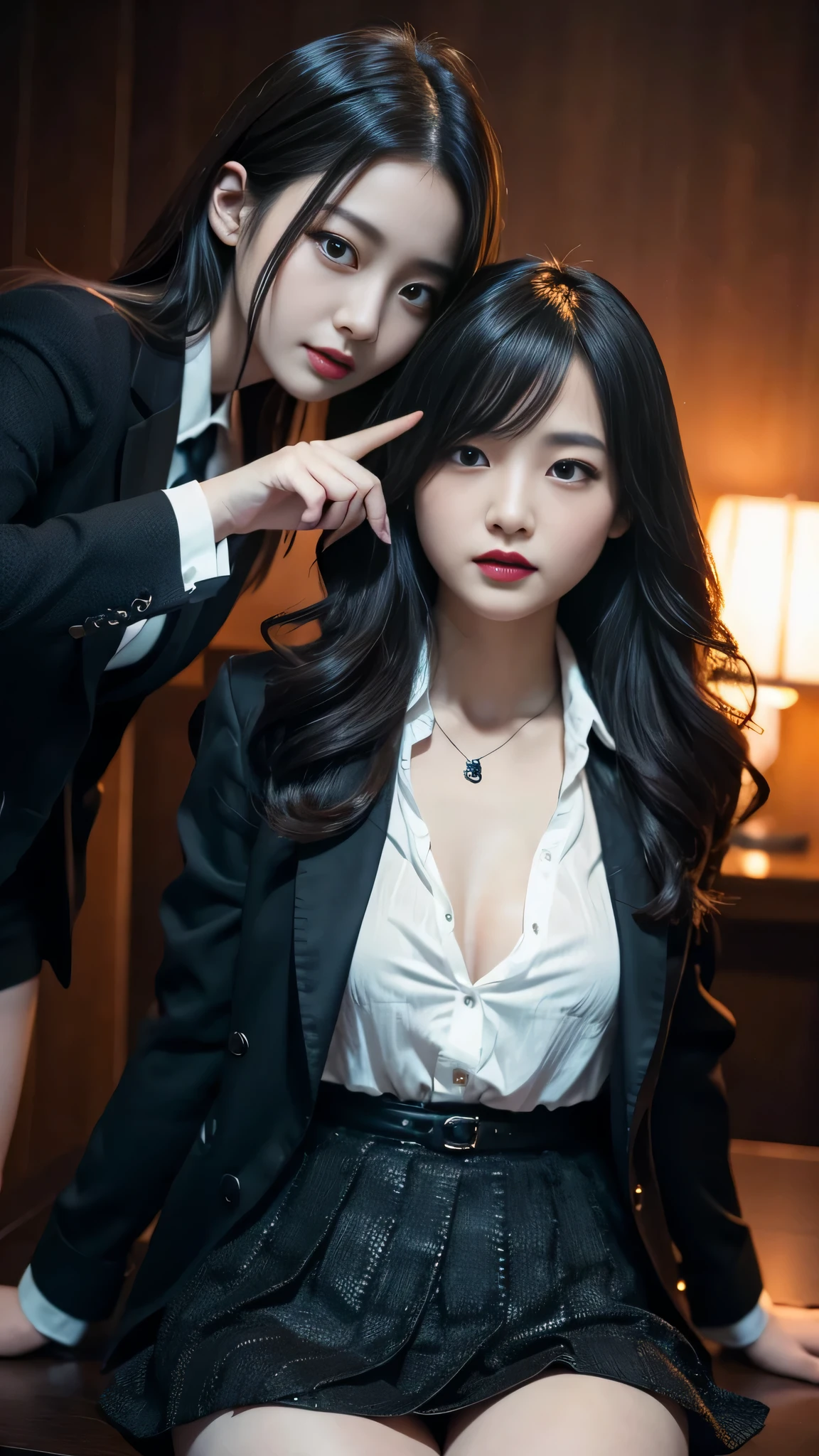 Super detailed、Japanese、charming beauty、Dainty woman、sharp eyes、cool girl、wavy hair、suit、Jacket、blouse、Tight Skirt、black pantyhose、evil female executive、evil depravity、brainwashing、Mind control、lacy fabric、Shiny legs、lipstick、have lip gloss、grin、邪evilなな表情、evil、empty eyes、邪evilな、reach out your hand、in the darkroom、lure、meanwhile、evil hypnotizing scene, 2 girls, girl being hypnotized.